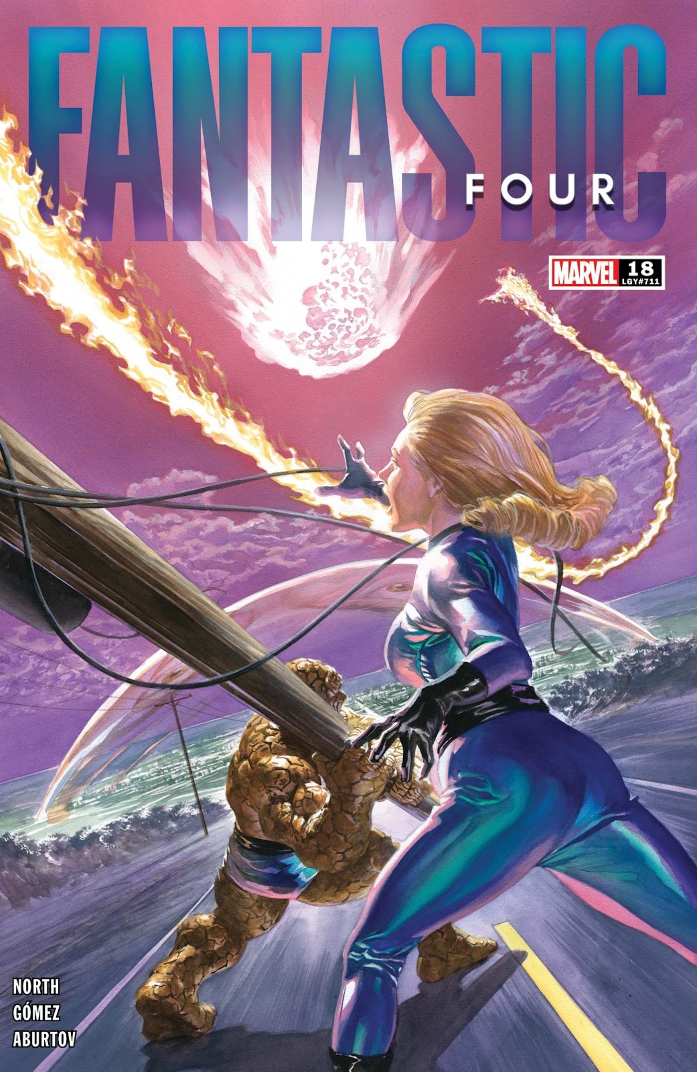Fantastic Four #18 cover, Invisible Woman reaches toward a flaming asteroid, as The Thing prepares to swing a telephone pole. 