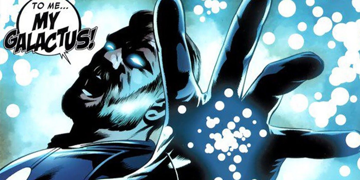 Franklin Richards do Quarteto Fantástico estende a mão, ordenando que Galactus vá até ele enquanto irradia poder