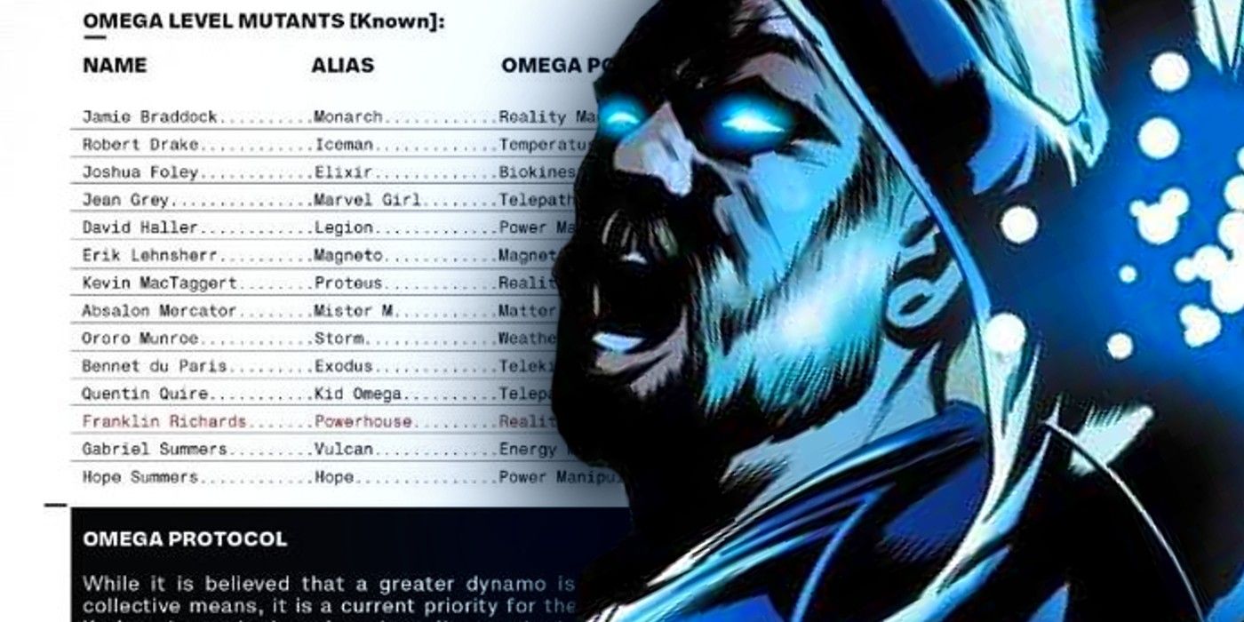fantastic four's franklin richards unleashes his power next to a list of x-men's official omega level mutants