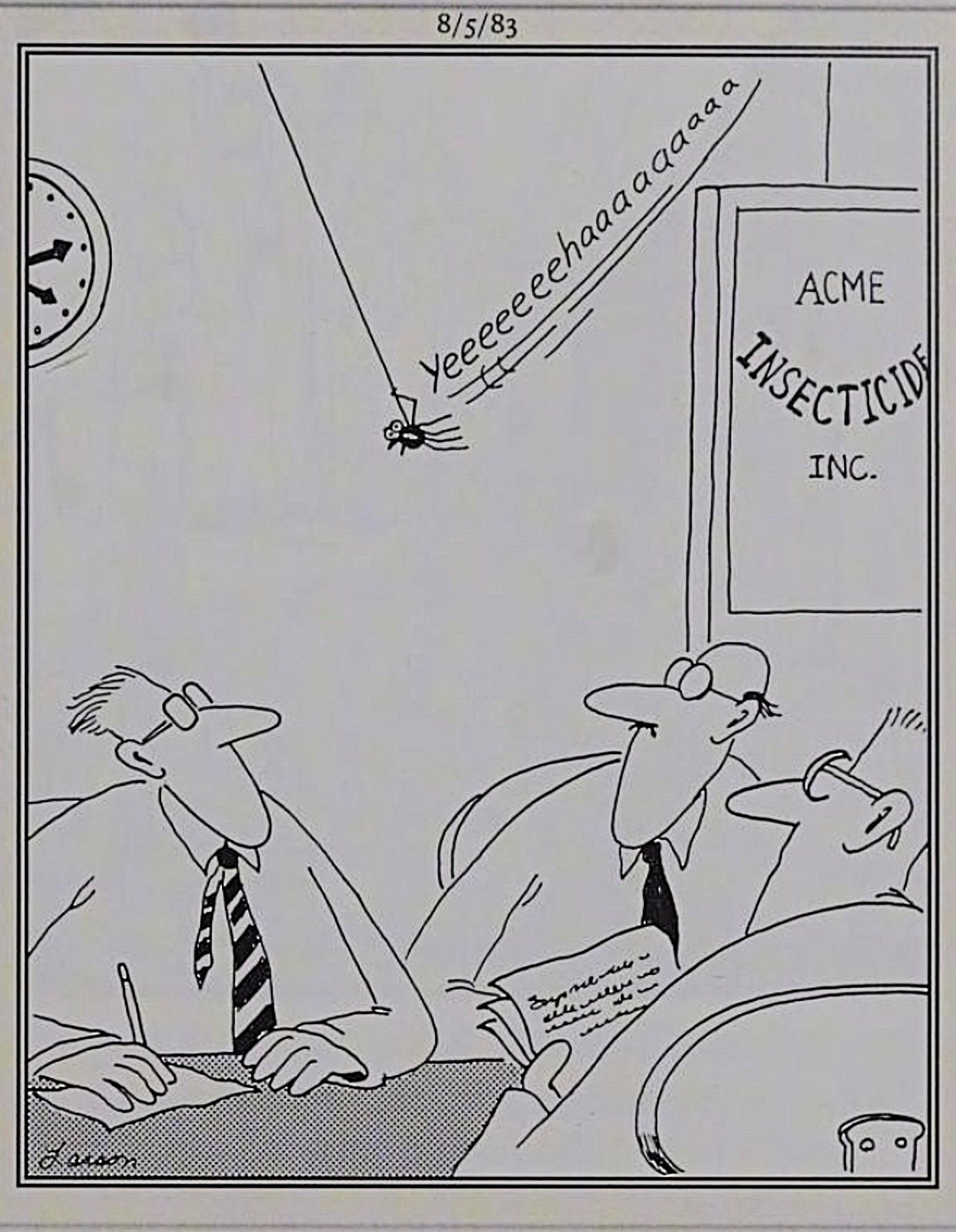 Far Side, aranha entrando em ação na empresa Acme Inseticida