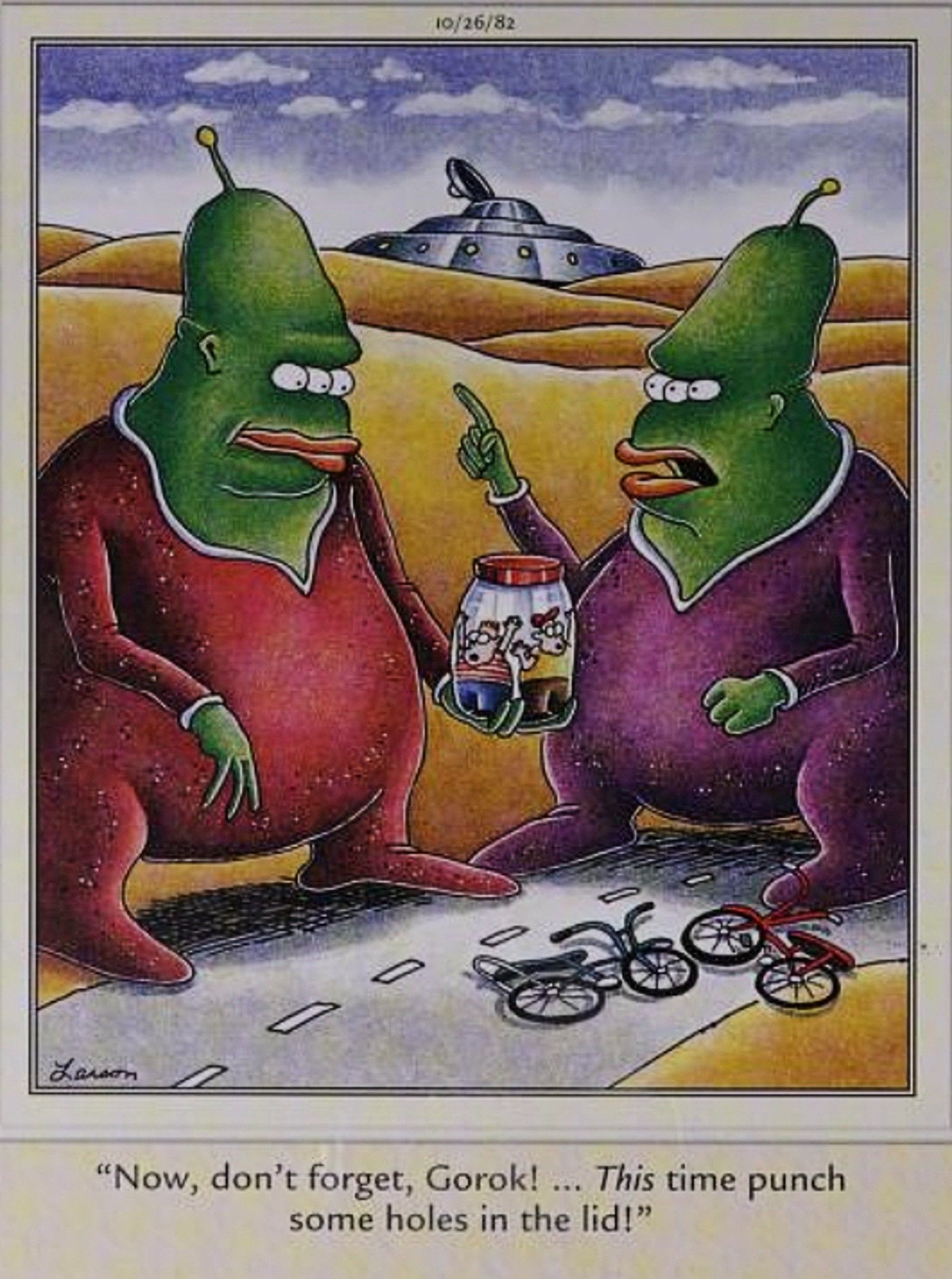 Far Side, alien reminds another alien to poke holes in the jar for their captive humans