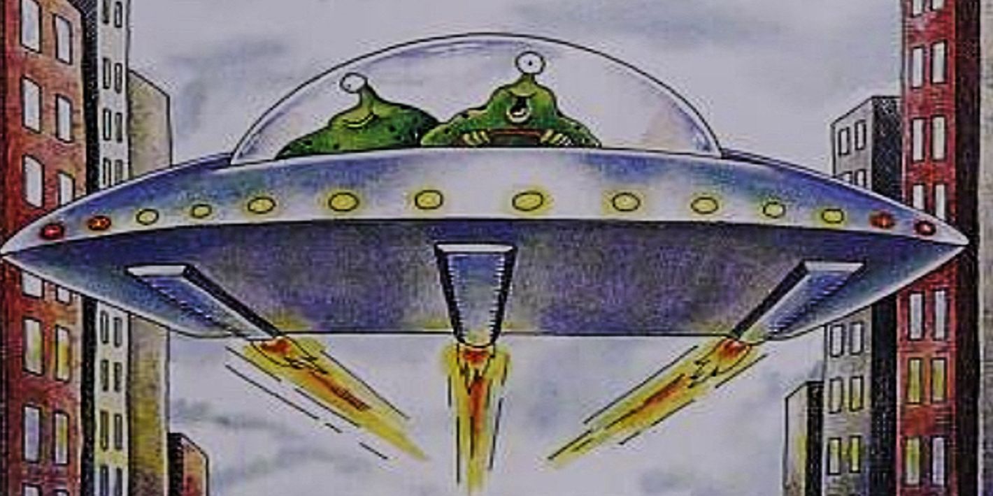 Far Side, aliens joyriding in their UFO through a human city