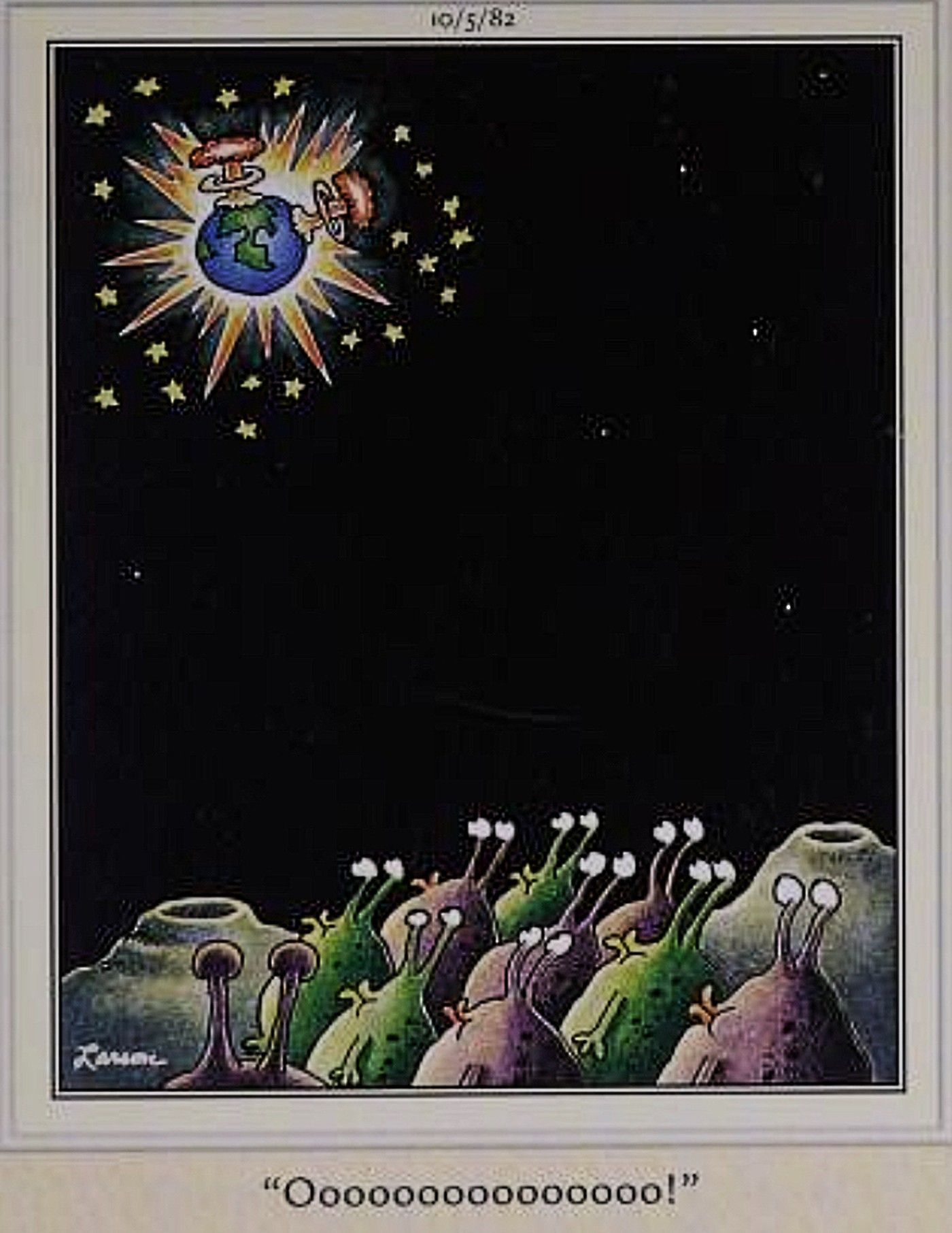 Far Side, aliens watching in awe as the Earth explodes