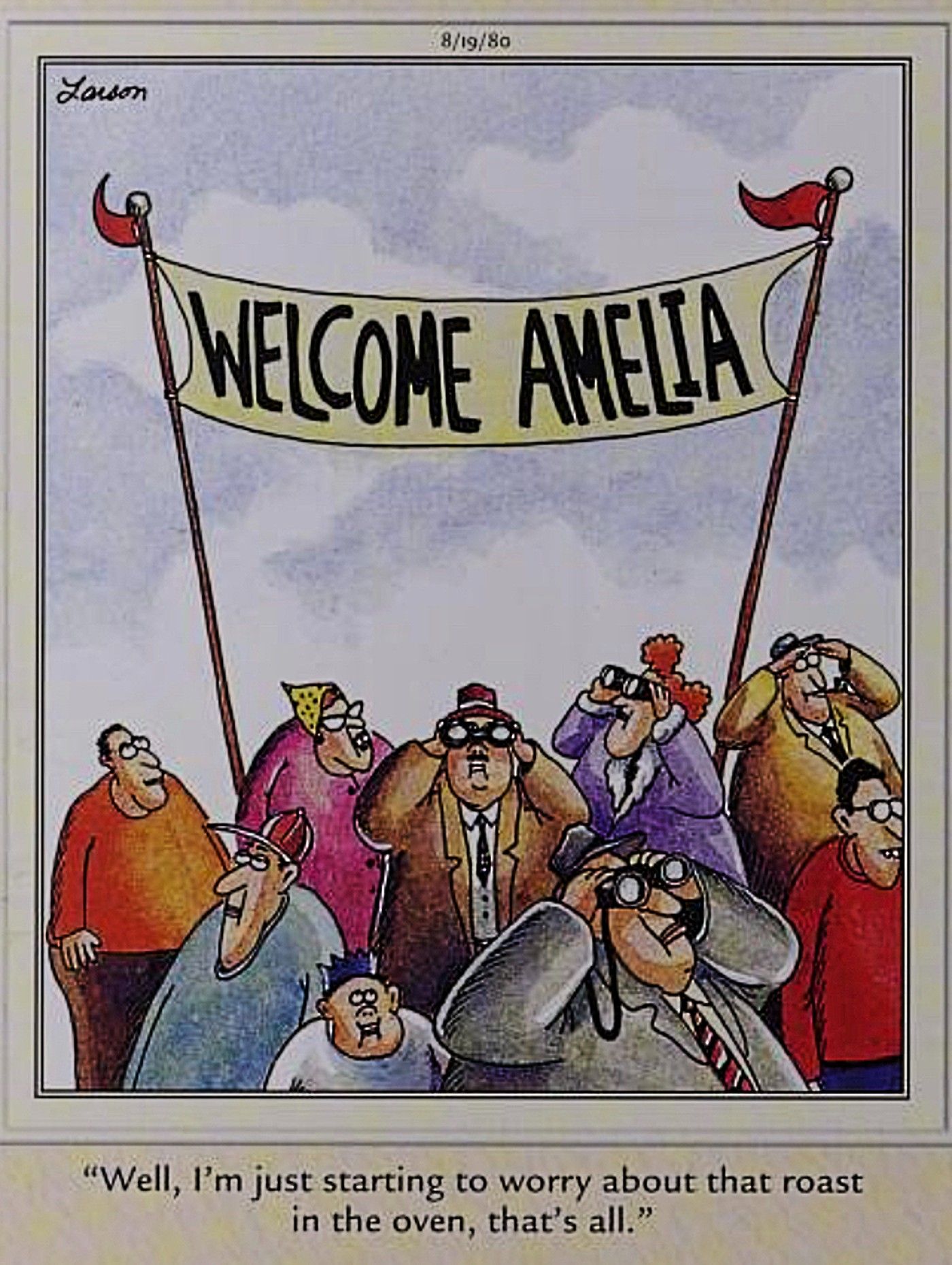 Far Side, Amelia Earhart is late returning from her circumnavigation of the world by plane
