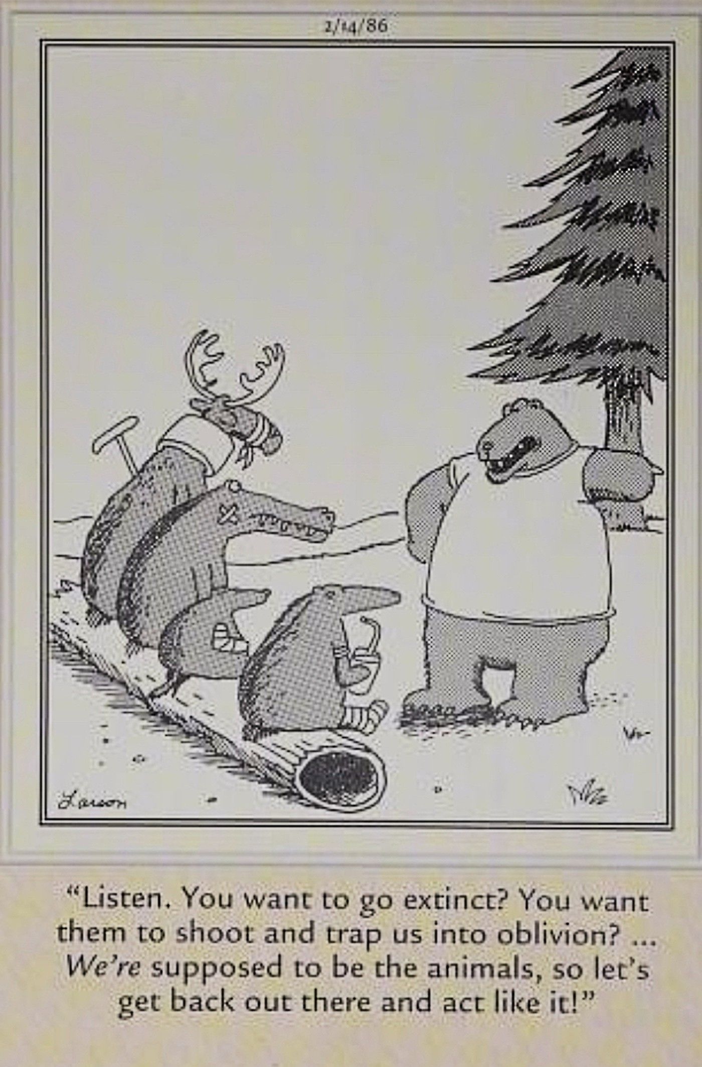 Far Side, bear coaching other animals to go fight against humans