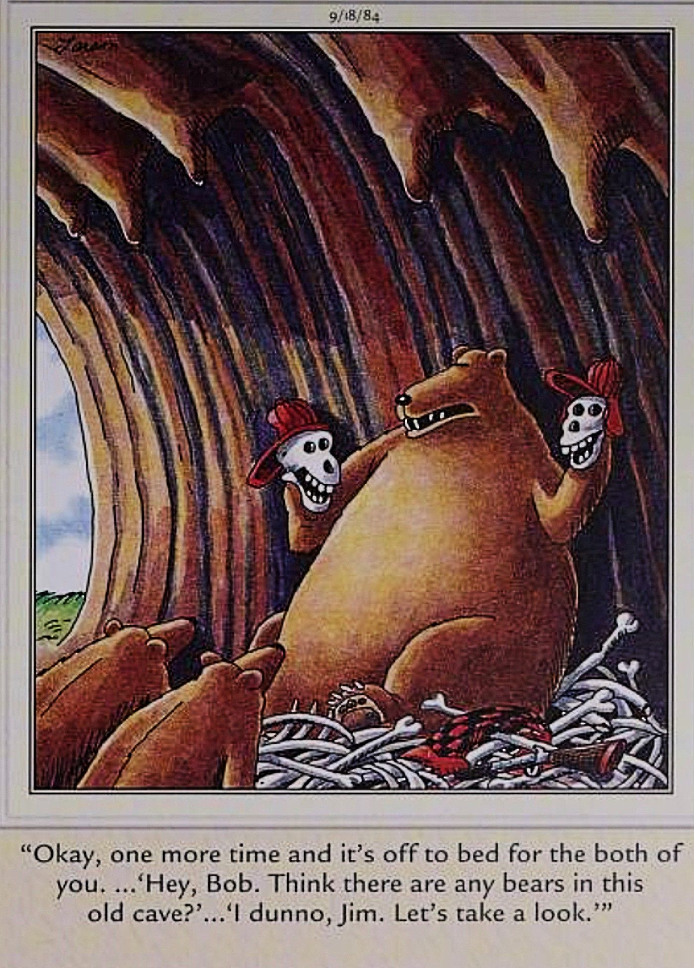 Far Side, bear playing in a pile of human bones