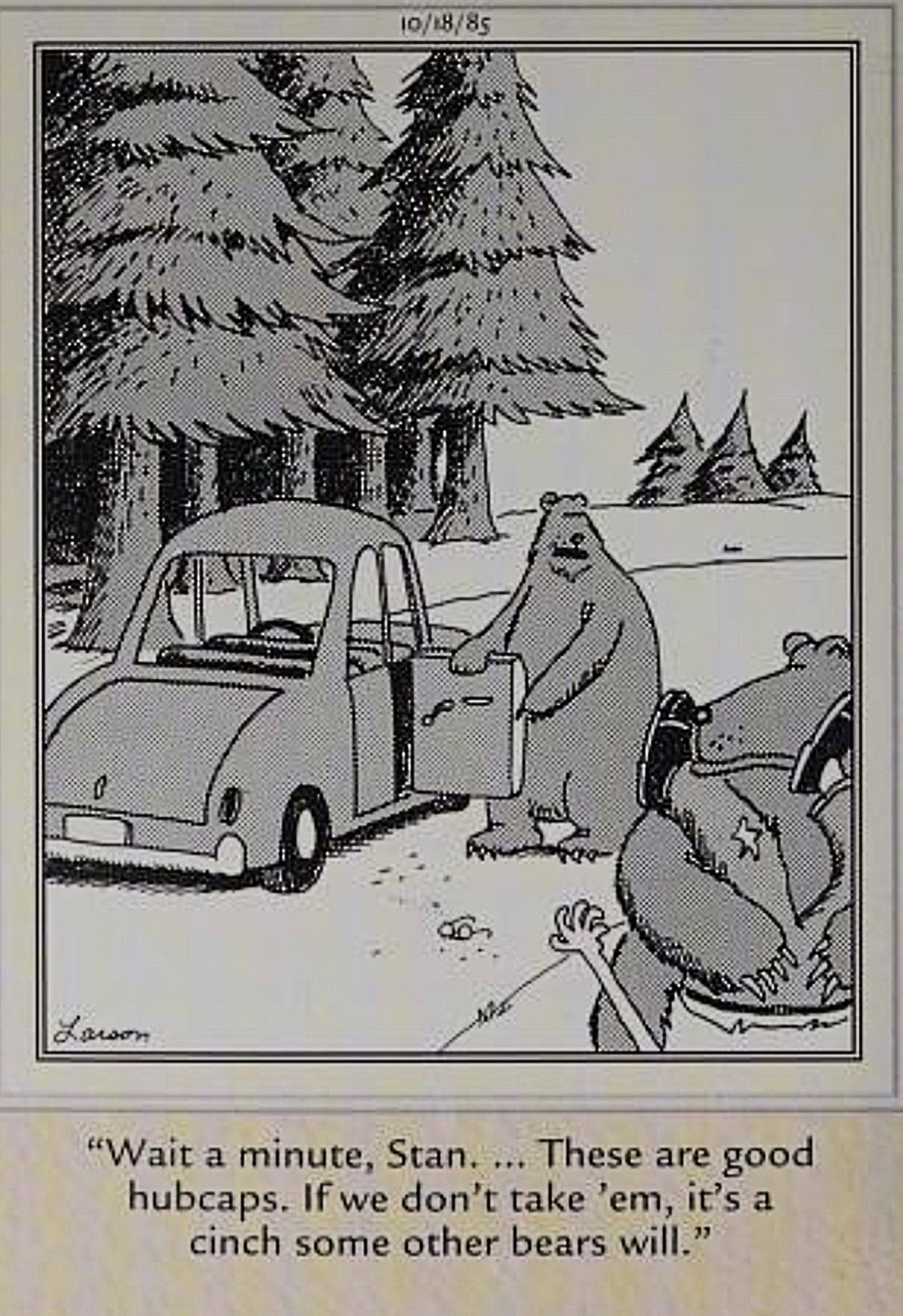 Far Side, bears discuss stealing hub caps off car after killing driver