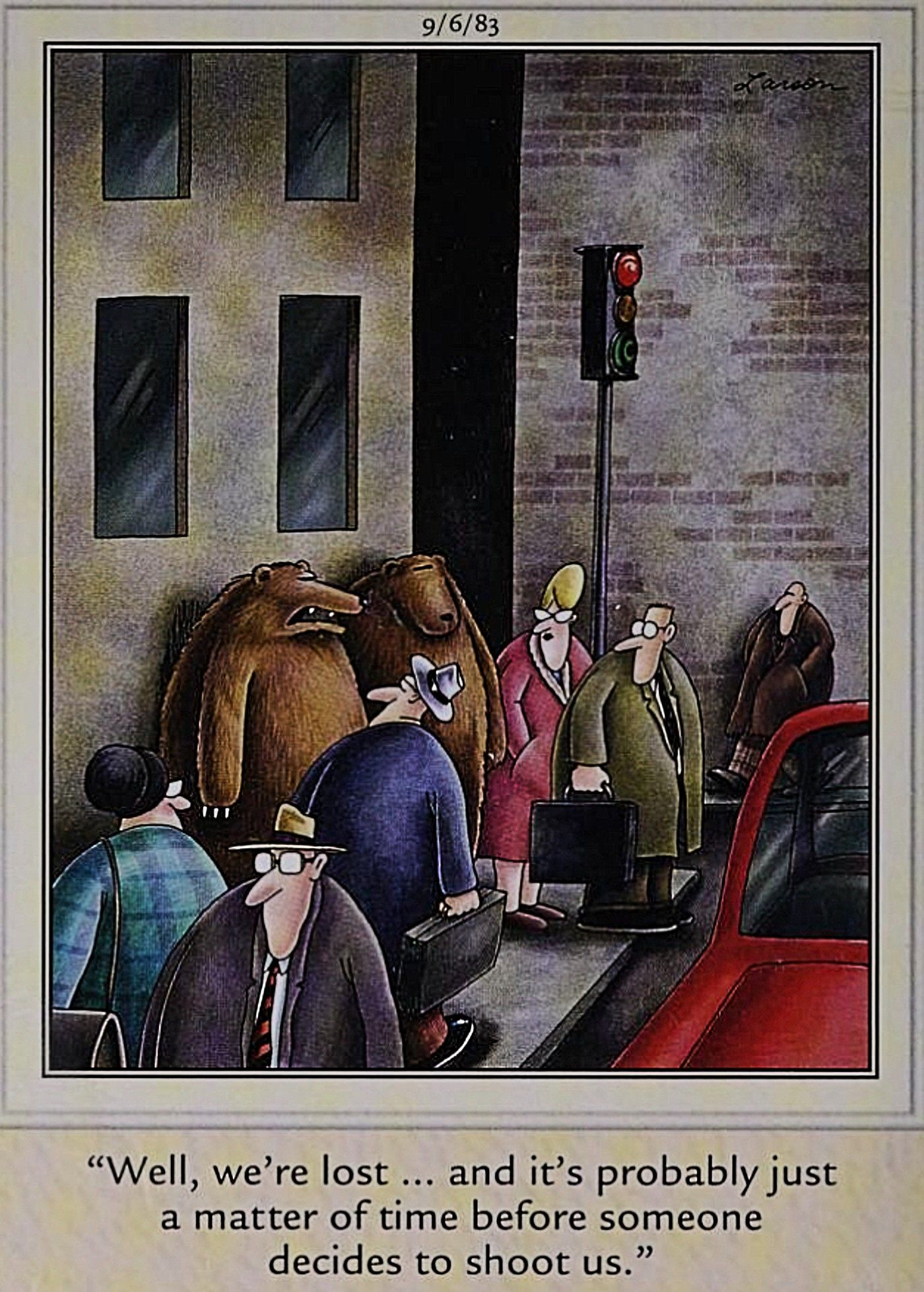 Far Side, bears lost in the city afraid they will be shot