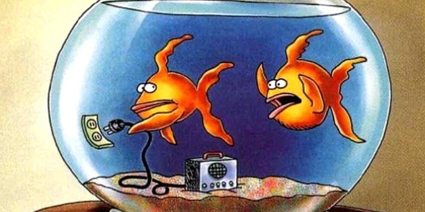 far side comic where a goldfish plugs a speaker into a plug