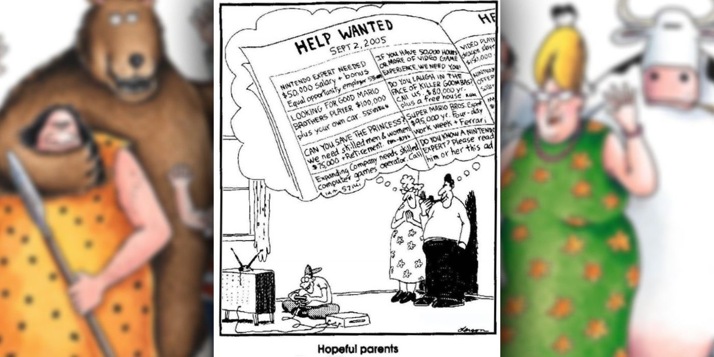 far side comic where parents watch their kid play videogames, fantasizing about him being offered paid work doing so