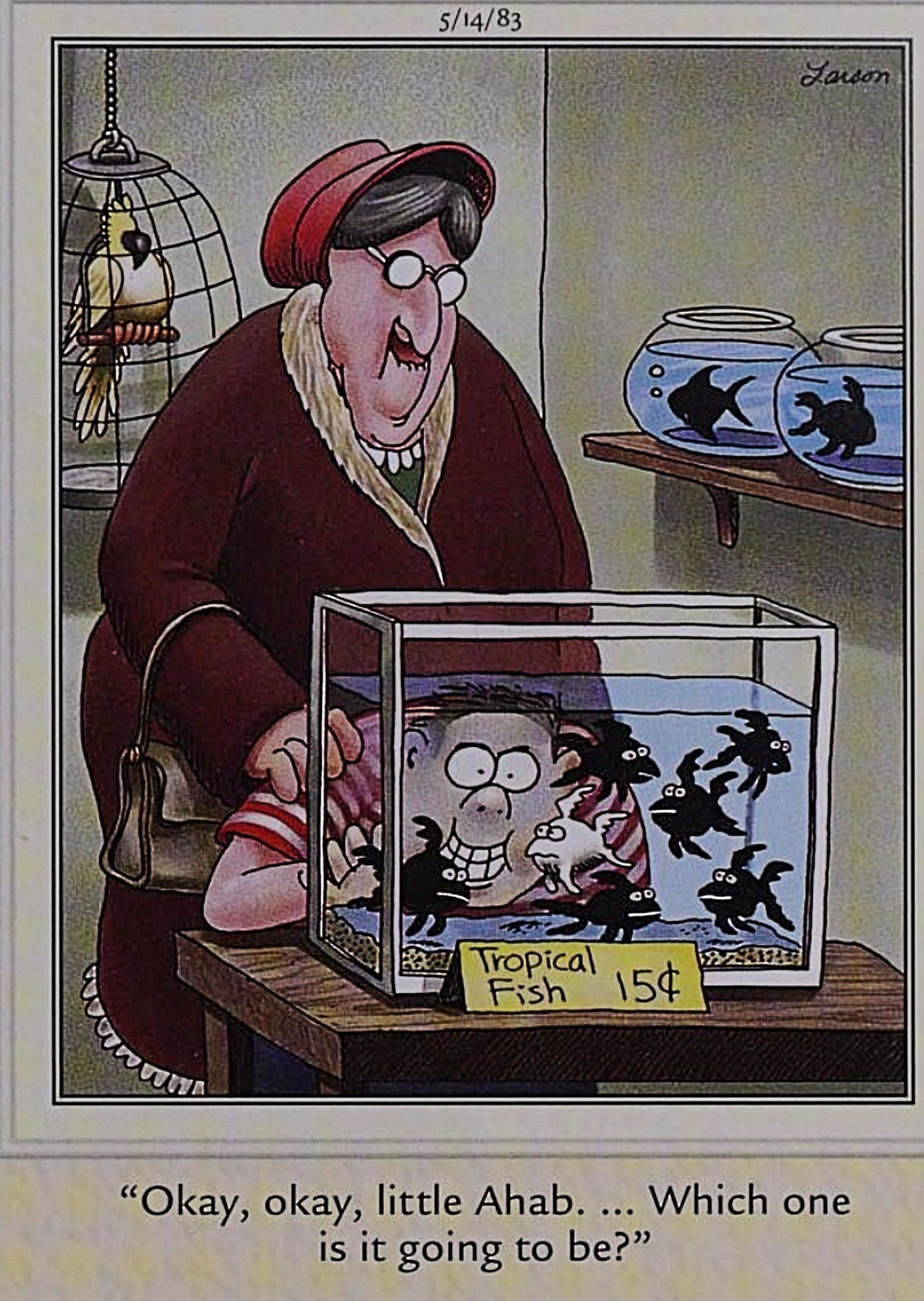 The Far Side comic featuring a kid choosing a fish at a pet store.