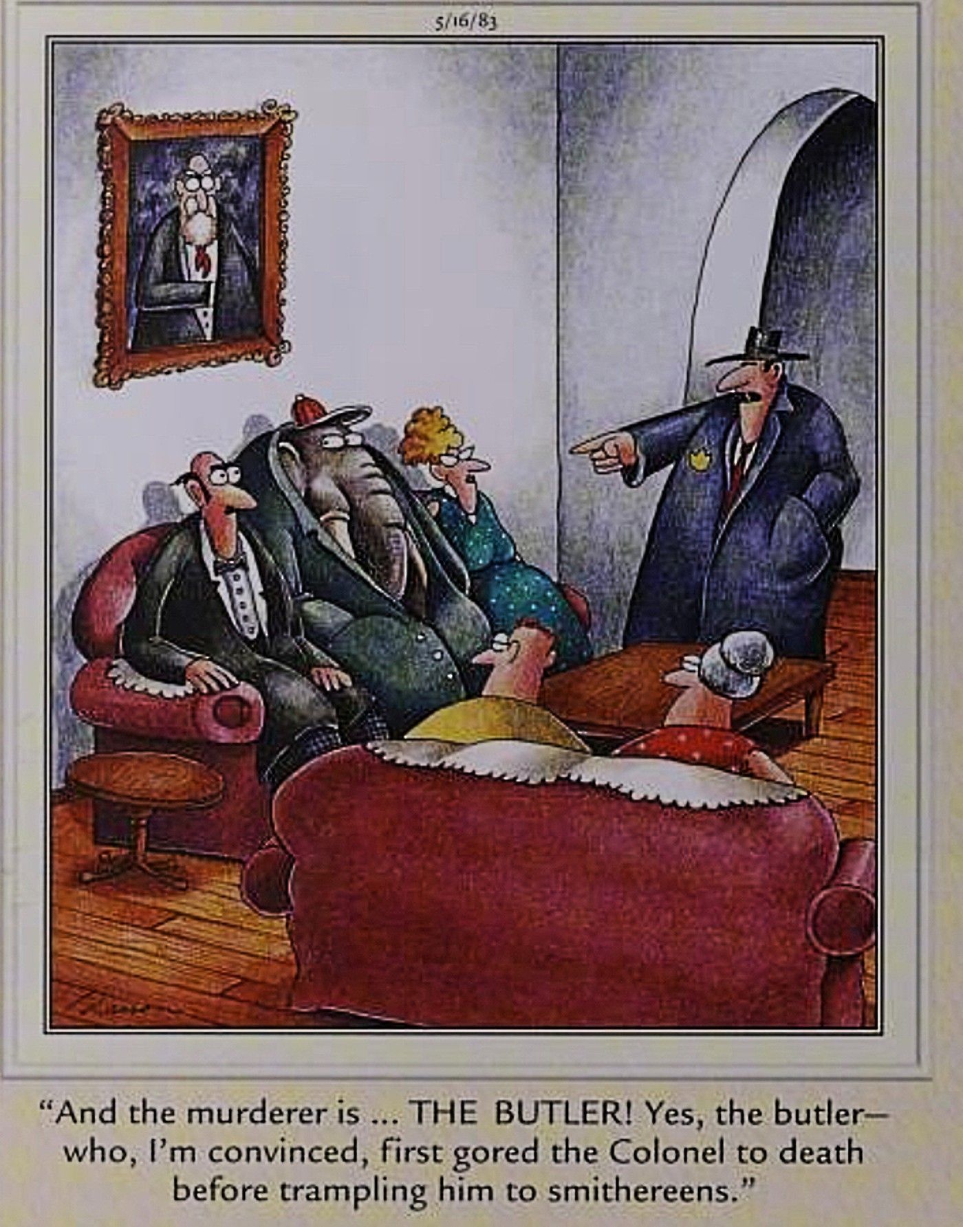 The Far Side comic featuring a butler being wrongly accused of a crime over a guilty elephant.
