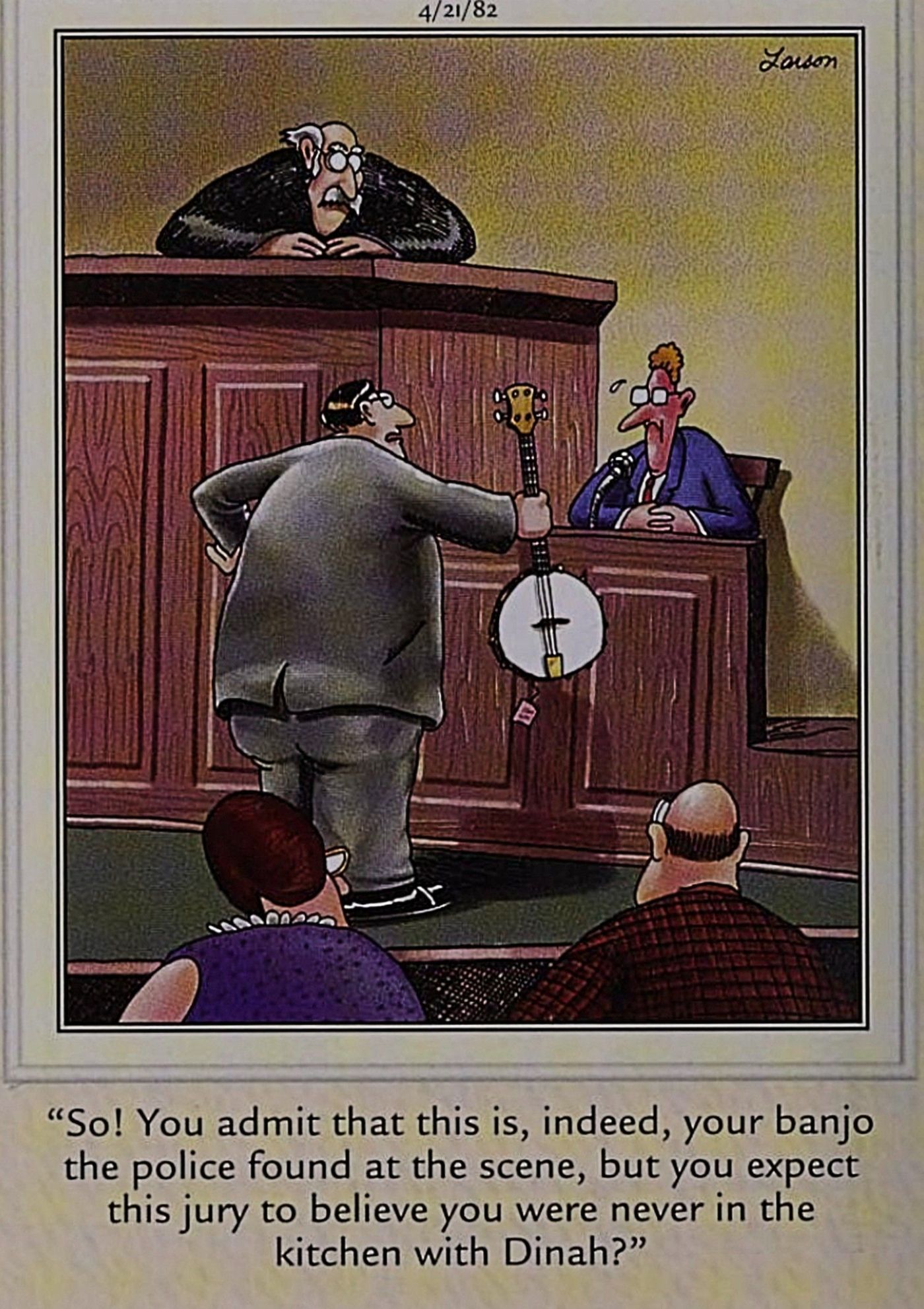 The Far Side comic featuring a courtroom scene referencing the song I've Been Working on the Railroad.
