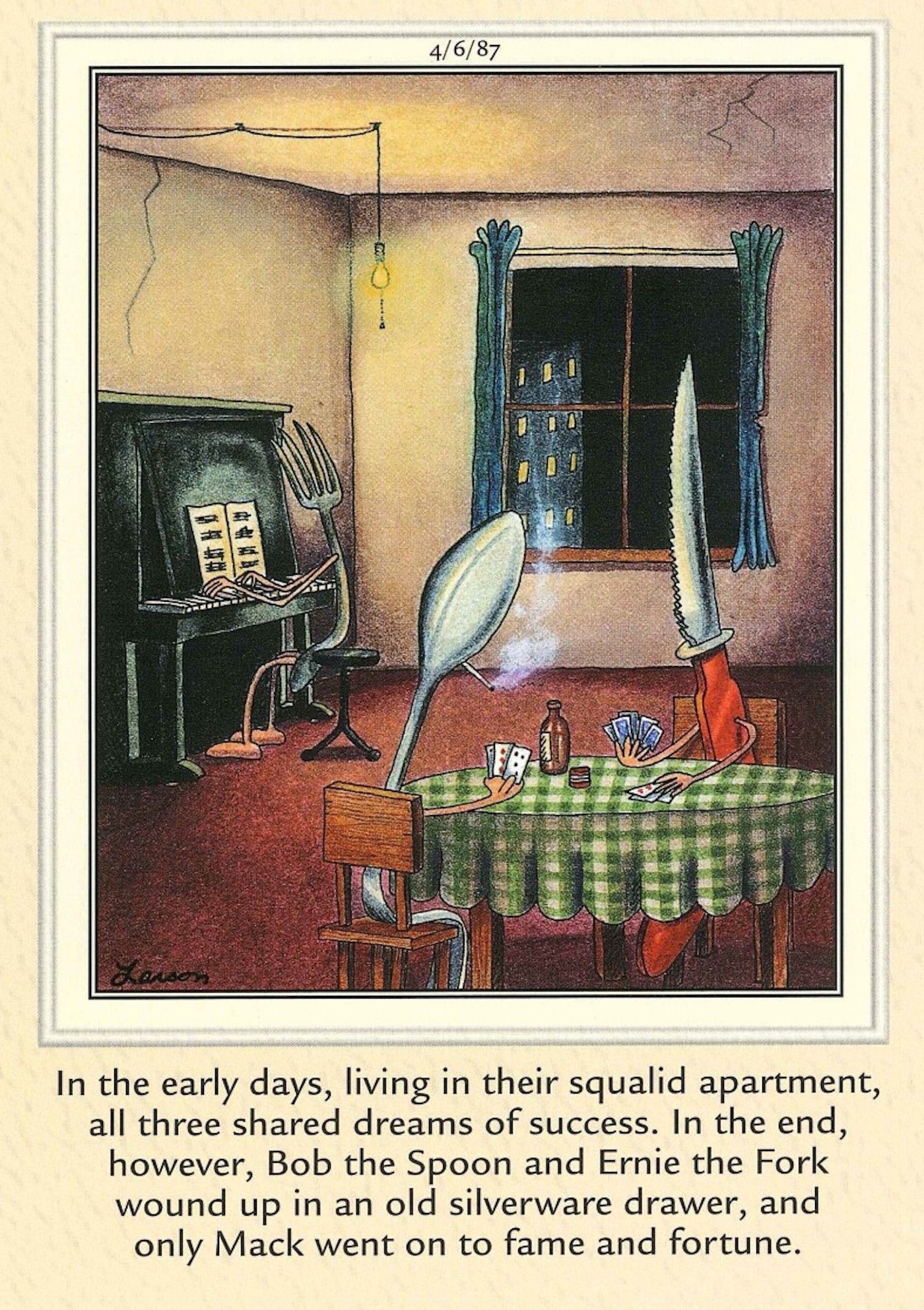The Far Side comic featuring a spoon, fork, and knife living together in a dingy apartment.
