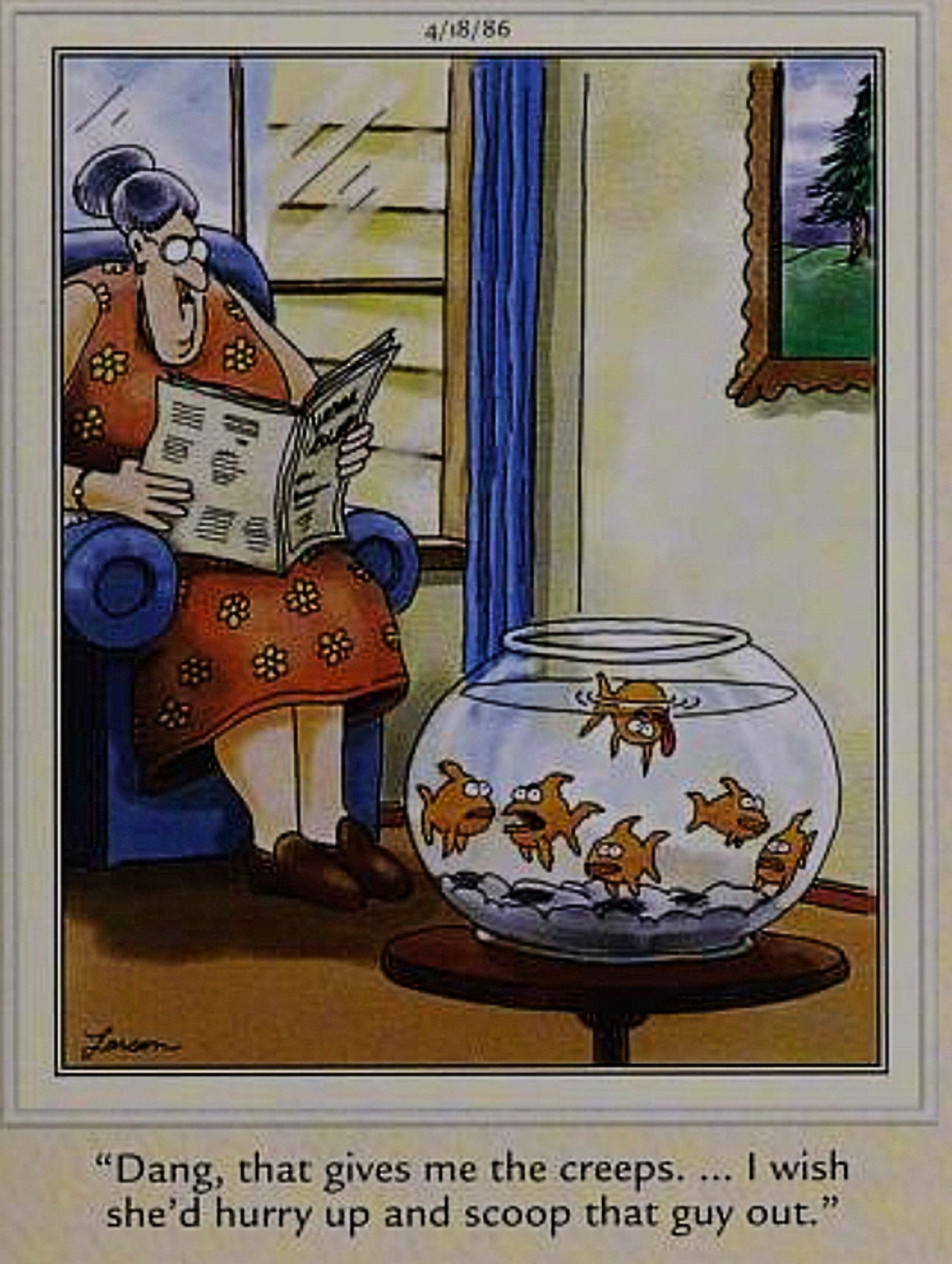 Far Side, dead goldfish needs to be scooped out of the bowl