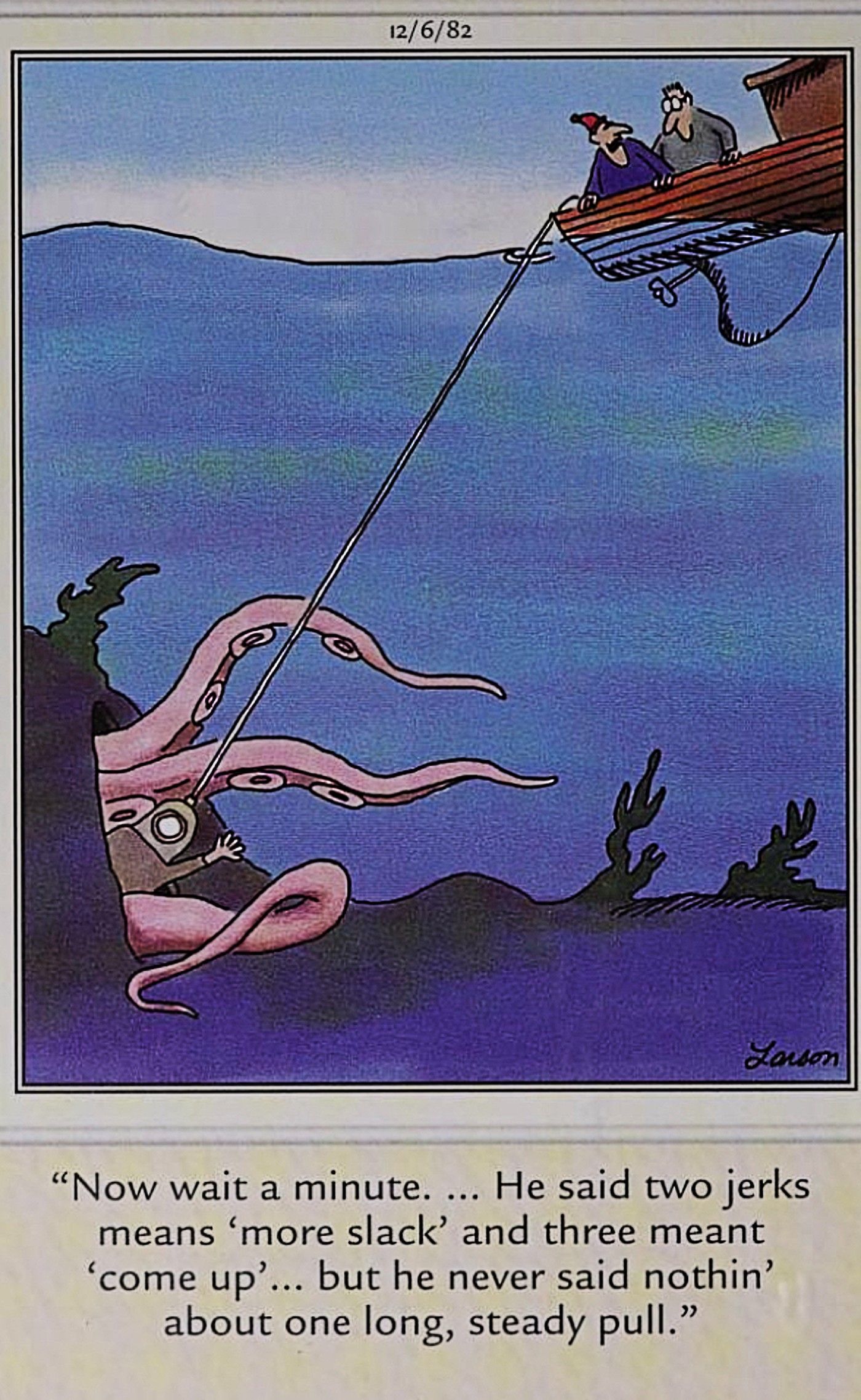 Far Side, diver being grabbed by an octopus