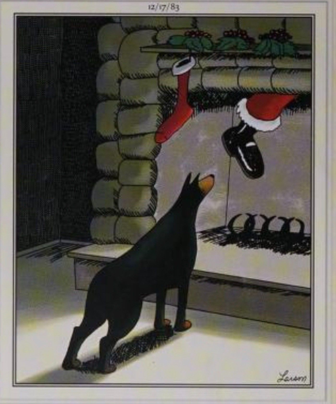Far Side, Doberman waiting for Santa to come down the chimney