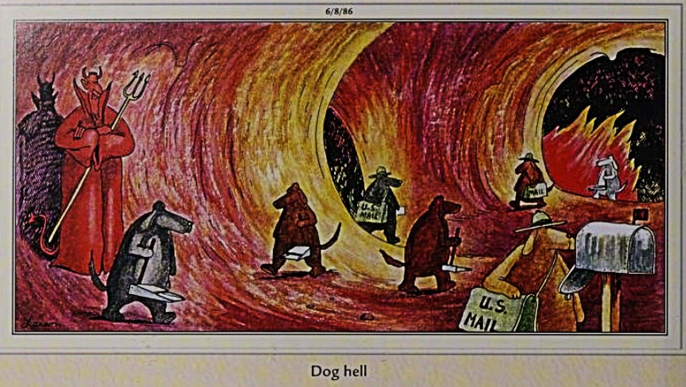 Far Side, dogs in hell being punished by having to deliver mail and scoop poop