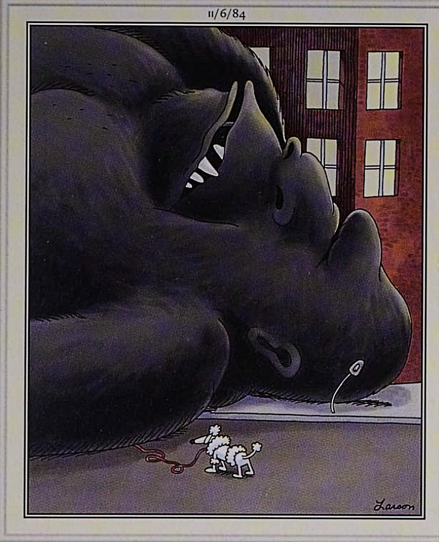 Far Side, dog owner squashed by fallen king kong