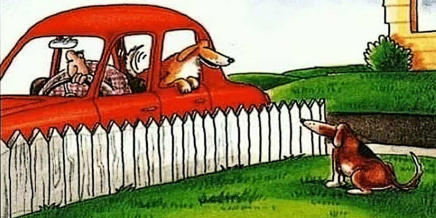 Far Side, dog talking out car window to another dog in front lawn