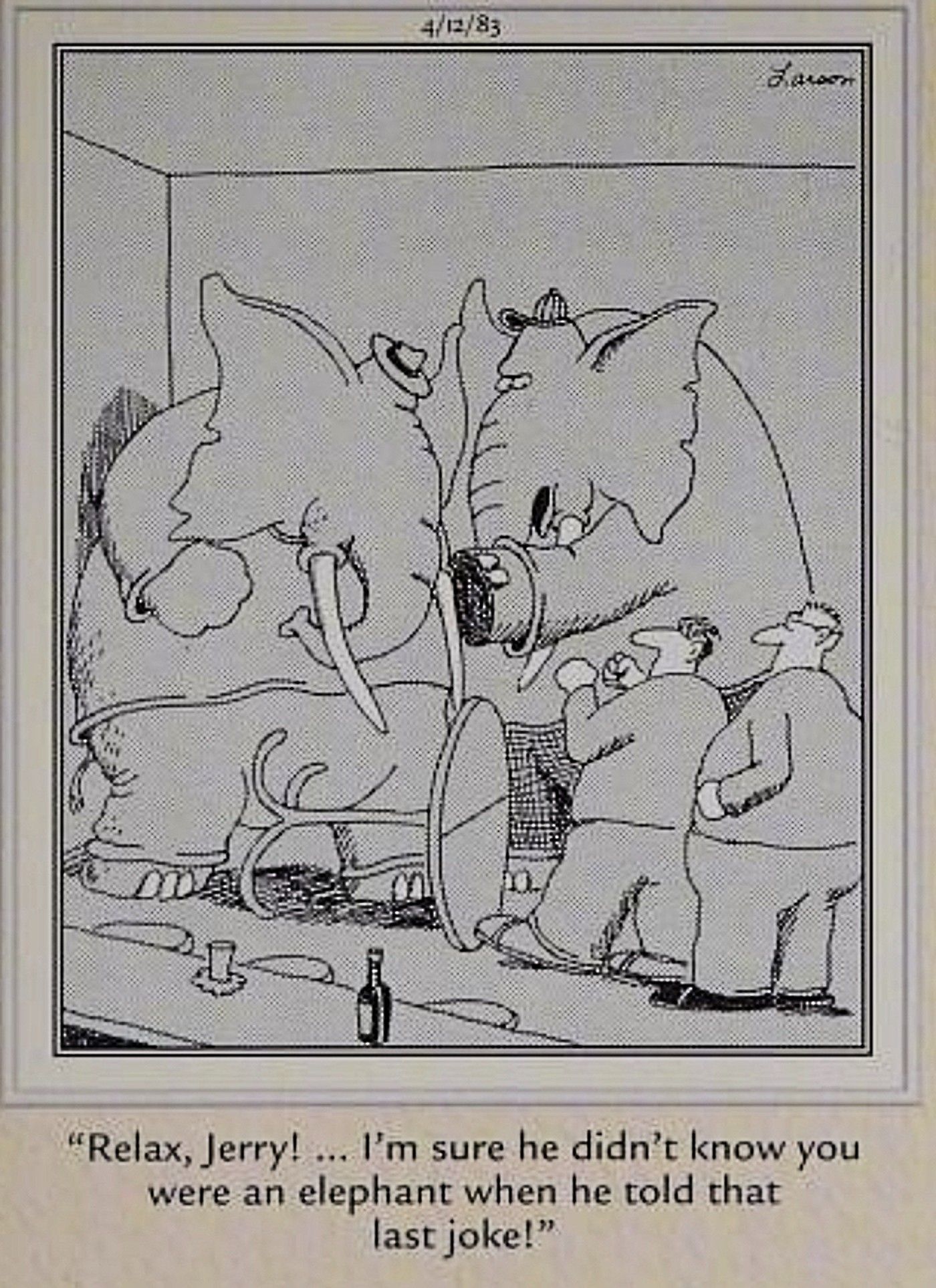 Far Side, elephant drinking at the bar with humans is insulted by an off color elephant joke