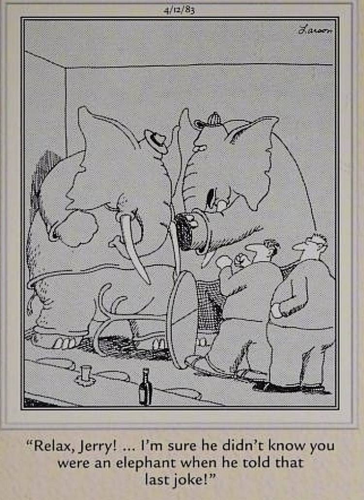 Far Side, elephant drinking at the bar with humans is insulted by an off color elephant joke
