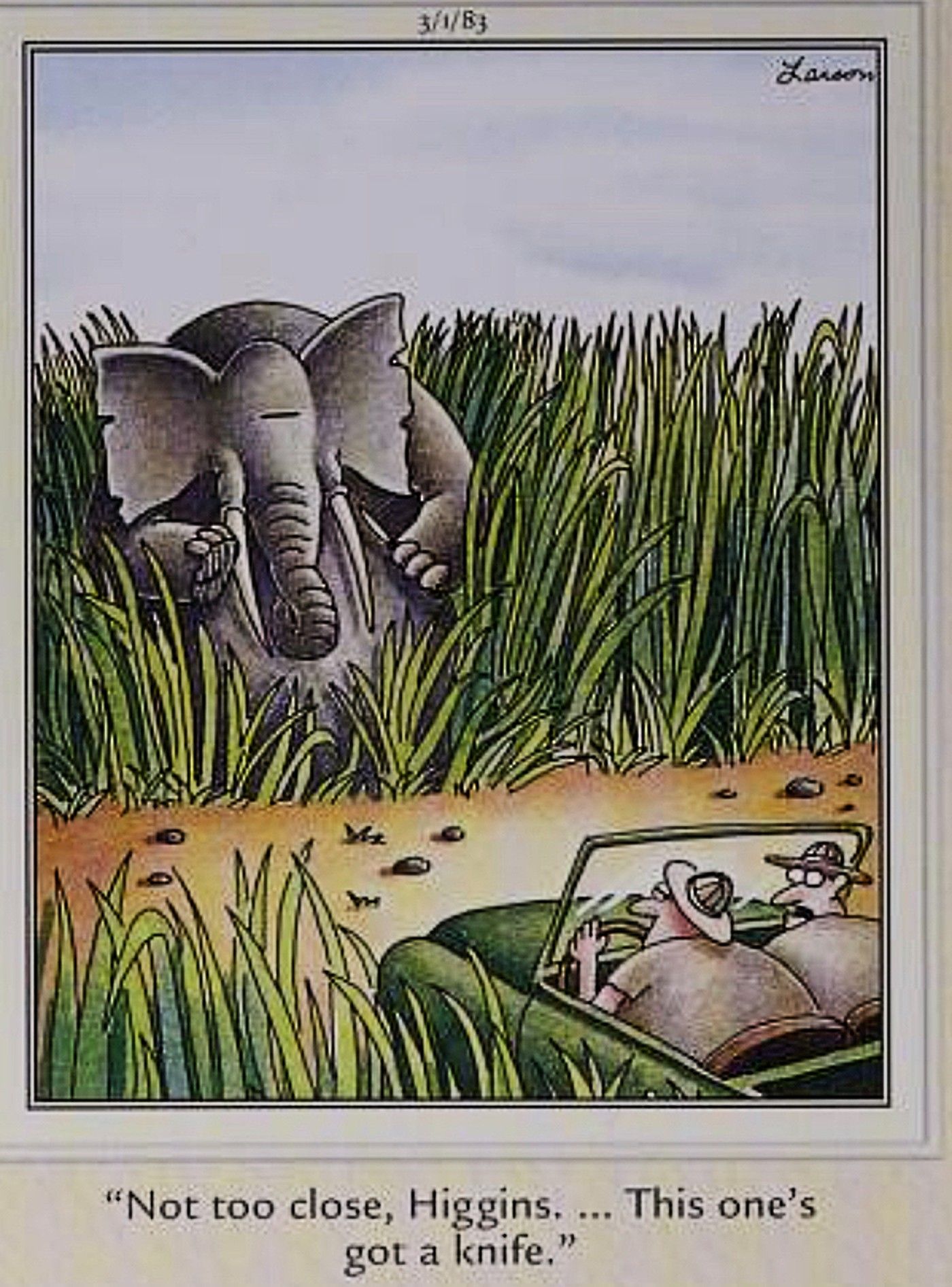 Far Side, elephant emerges from the brush wielding a knife