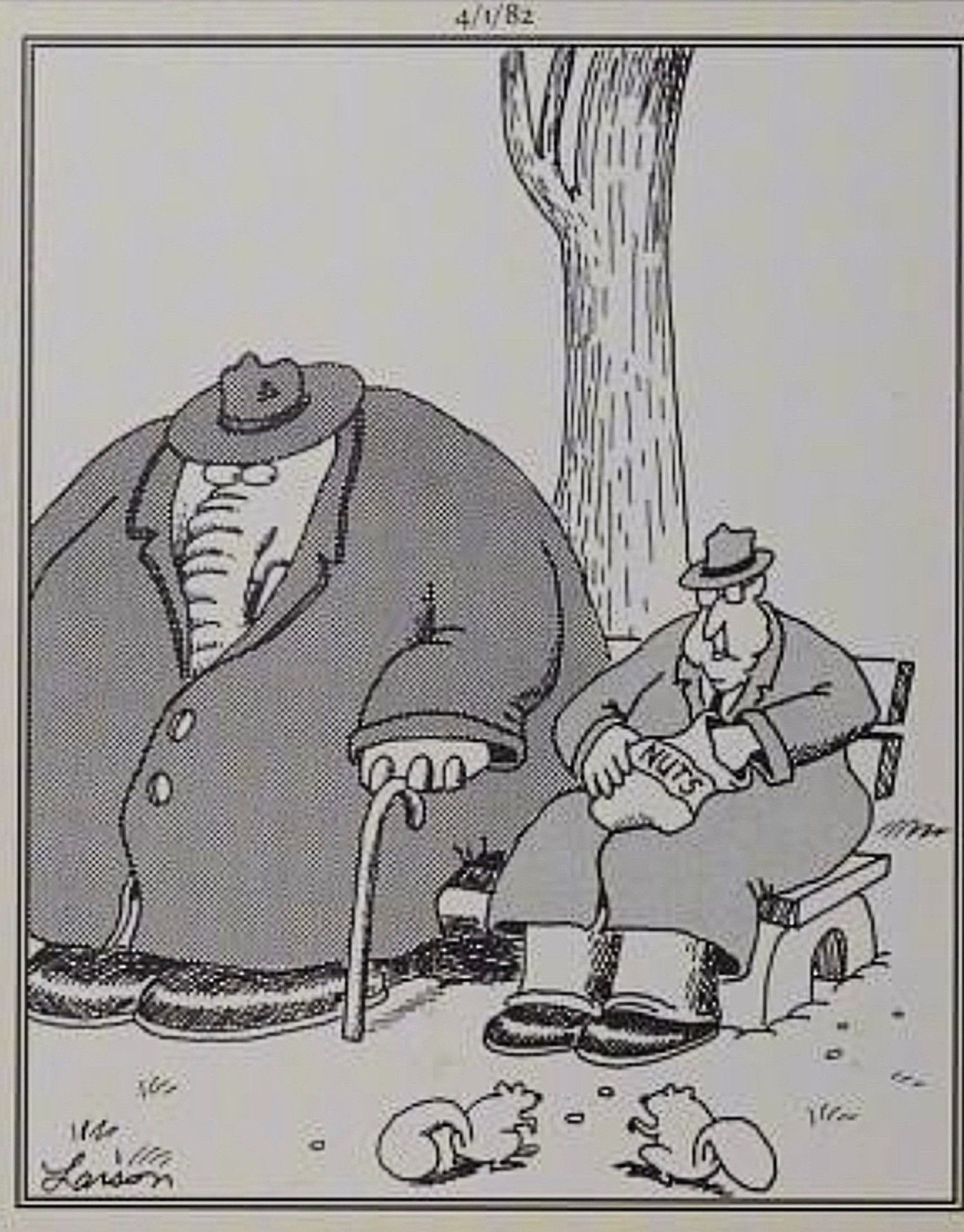 Far Side elephant in disguise hoping man will give him peanuts