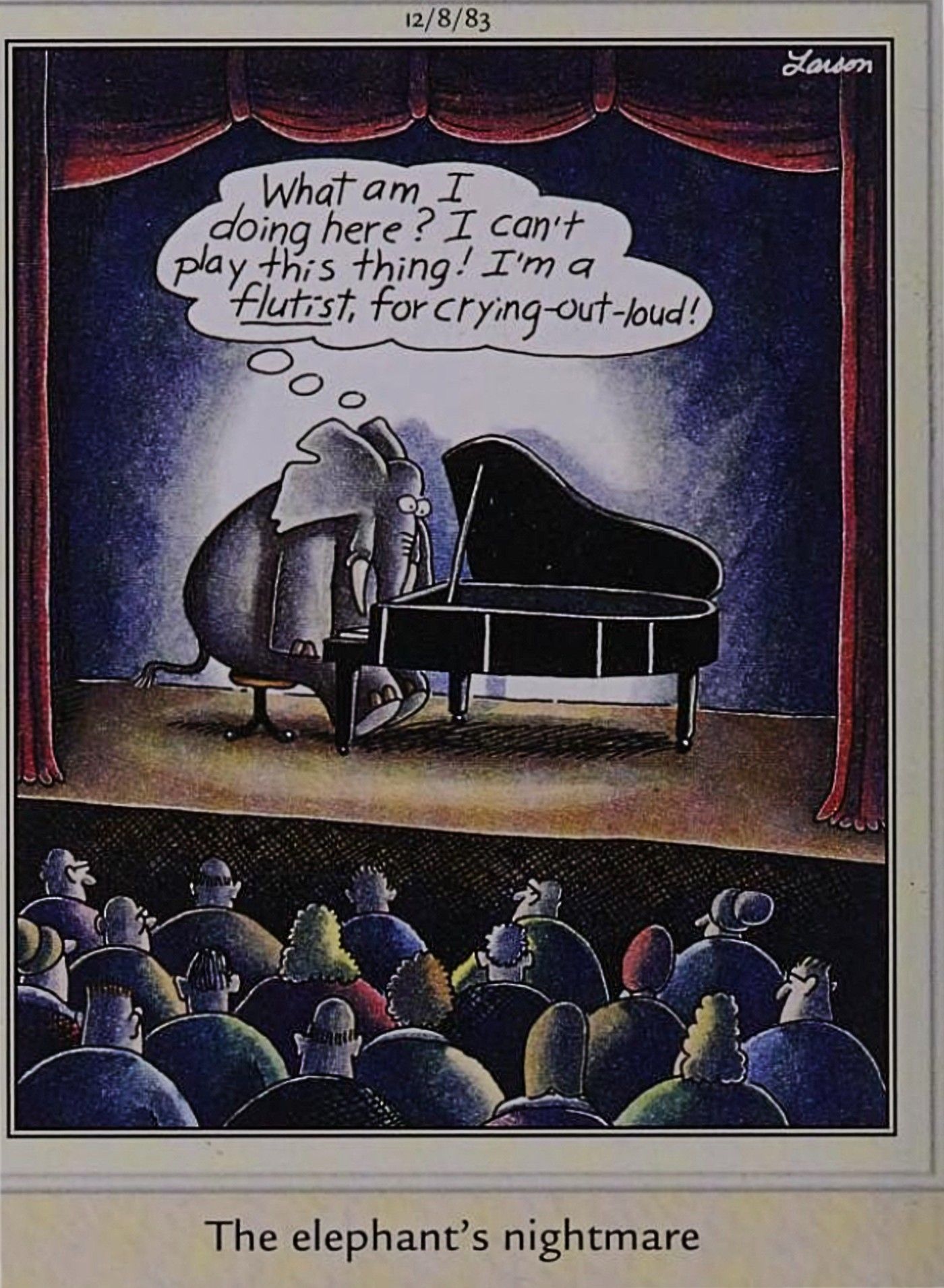 Far Side, elephant is a flutist not a pianist