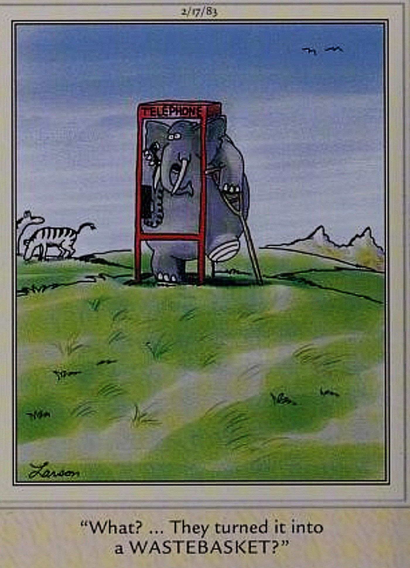 Far Side, elephant squeezed into a phone booth calling to find out what happened to the leg hunters took from him
