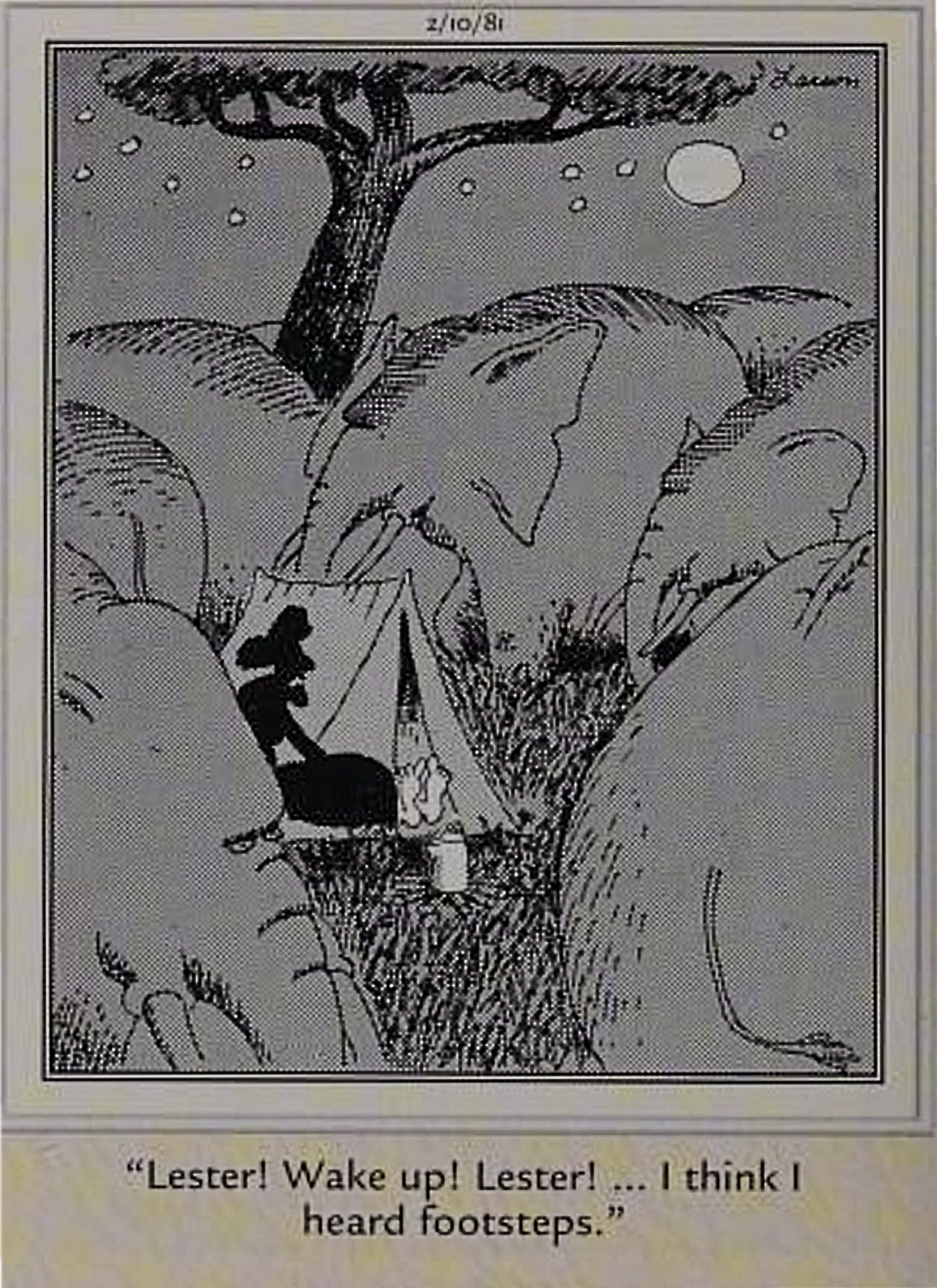 Far Side, elephants surround a tent at night