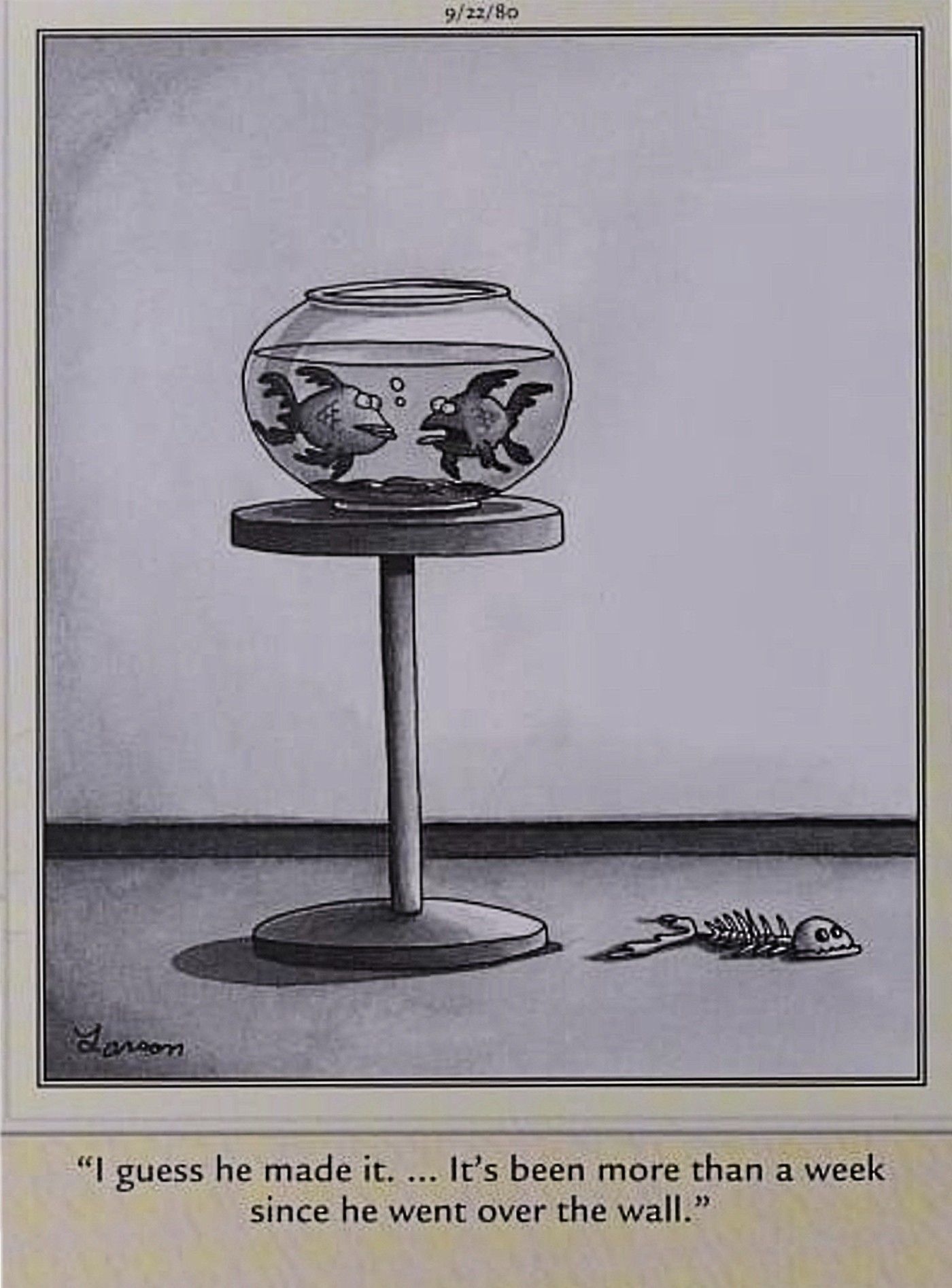 Far Side, fish died trying to escape captivity