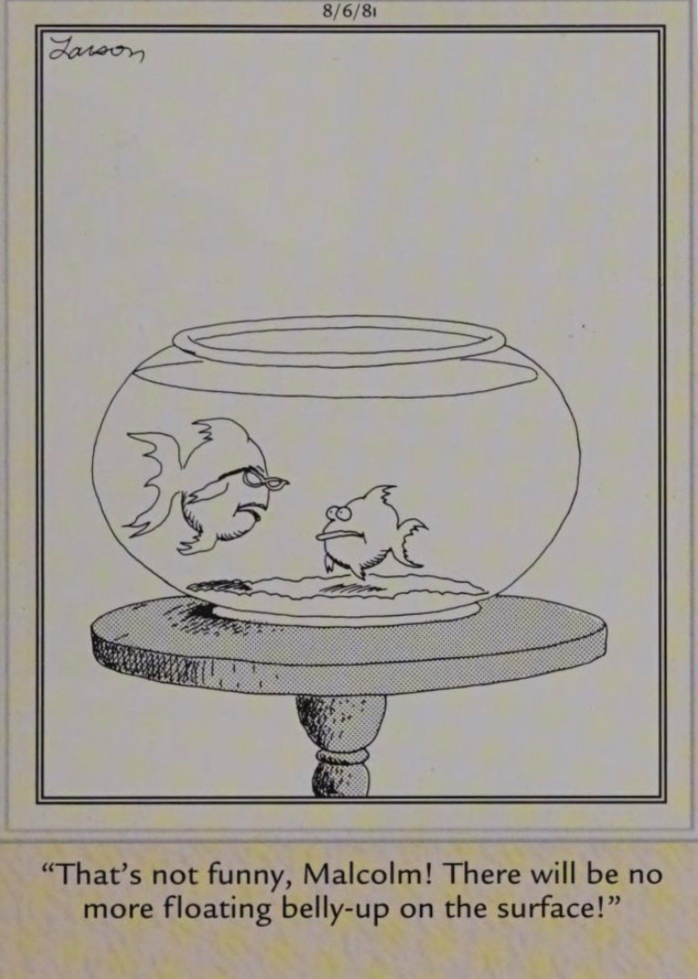 Far Side, fish parent admonishes child for playing dead