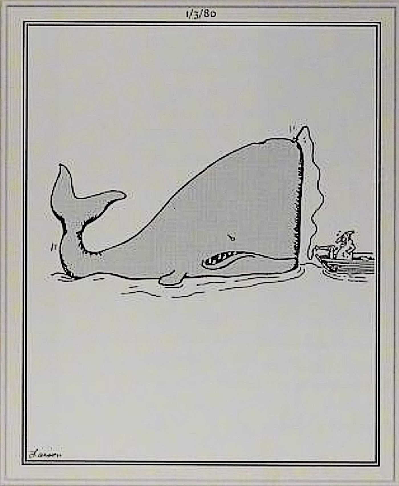 The Far Side, fisherman harpoons a whale that is way out of his league