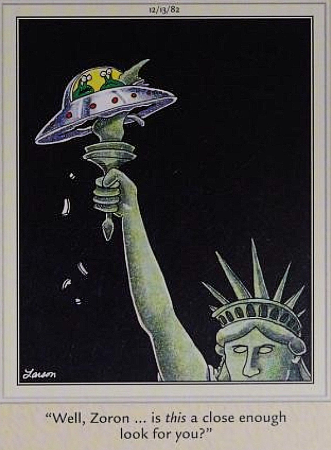 Far Side, flying saucer crashes on Statue of Liberty's torch