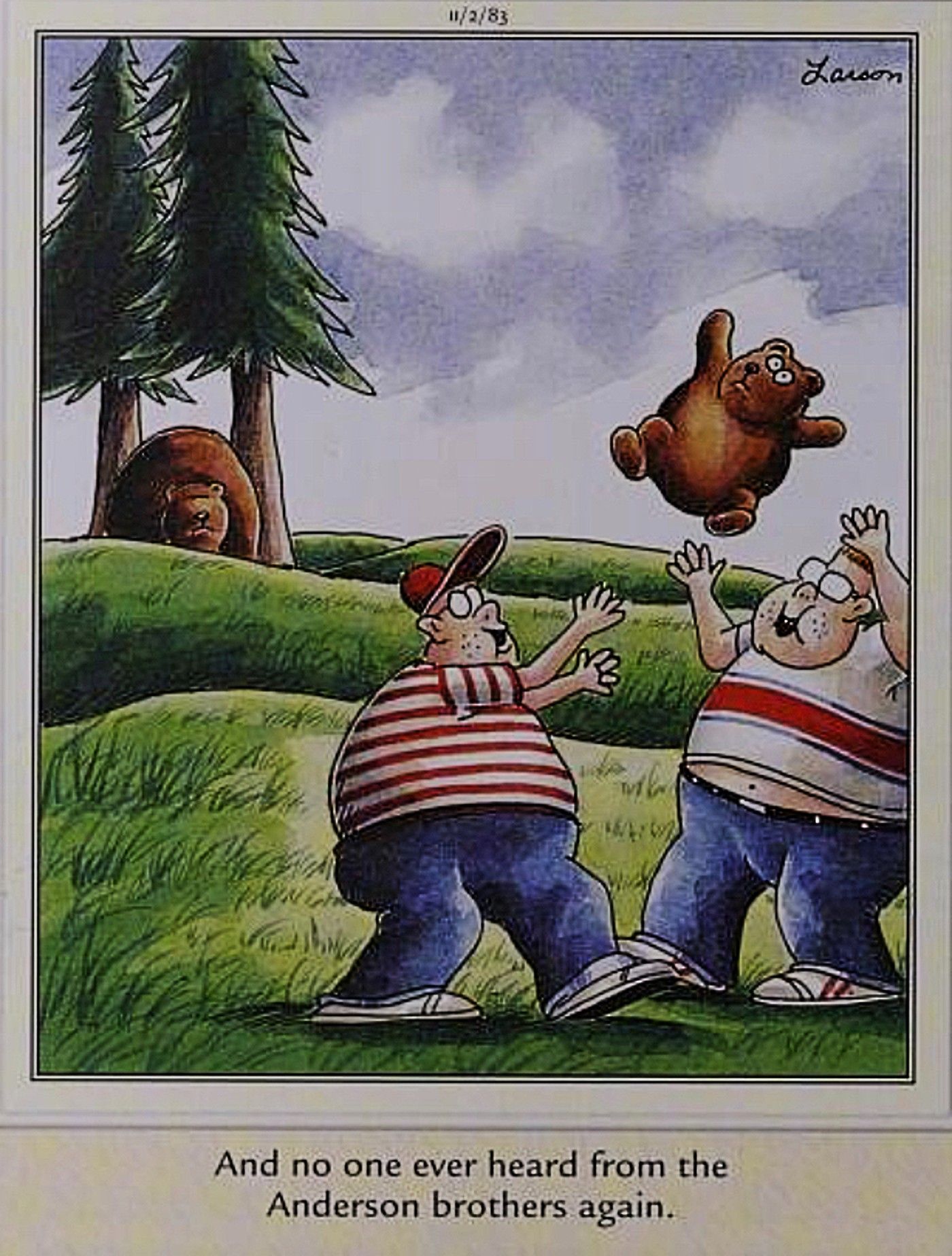 Far Side, foolish human kids playing with bear cub as mama bear approaches in background