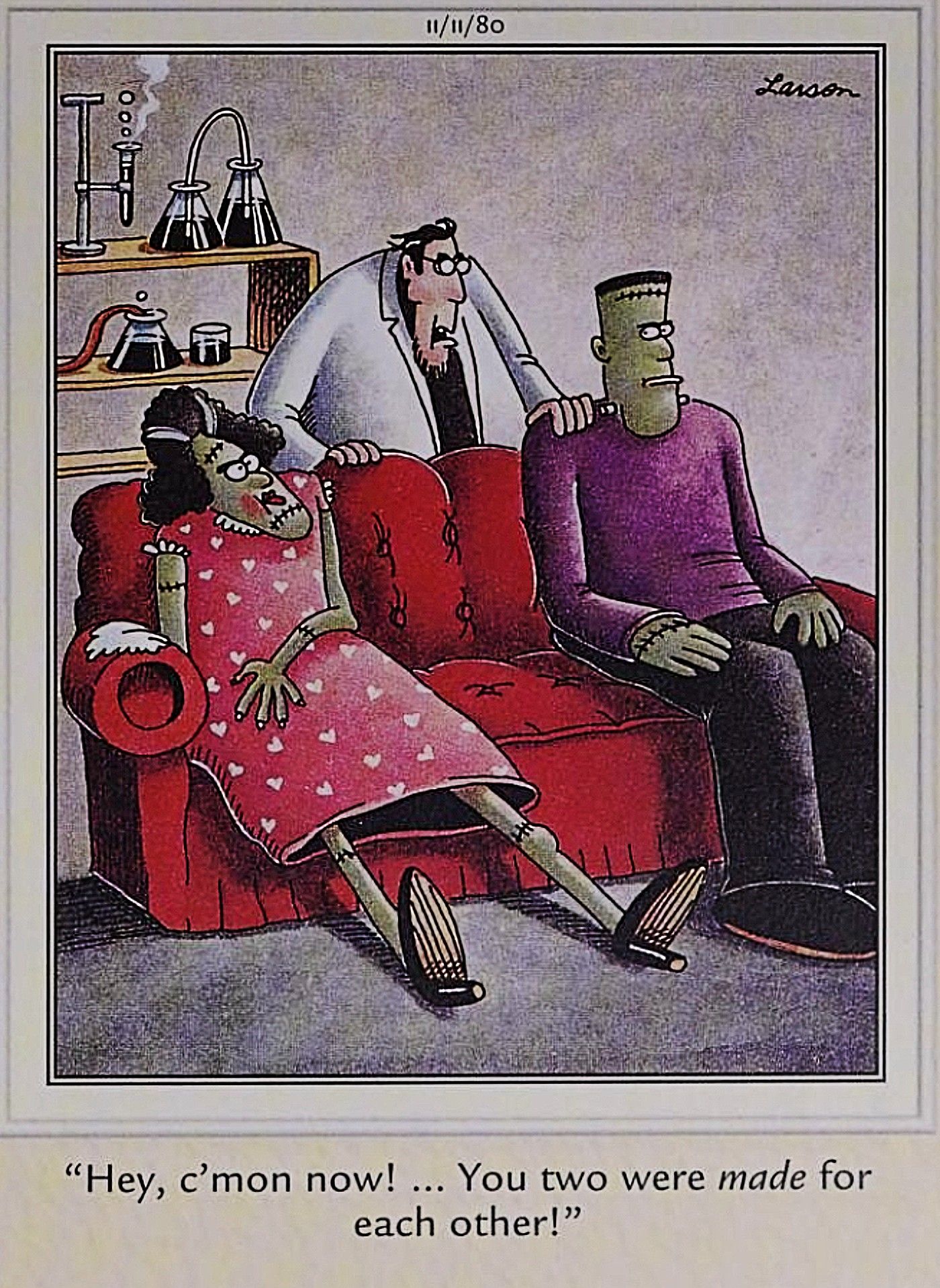 Far Side, Frankenstein diz ao monstro e sua noiva que eles foram feitos um para o outro