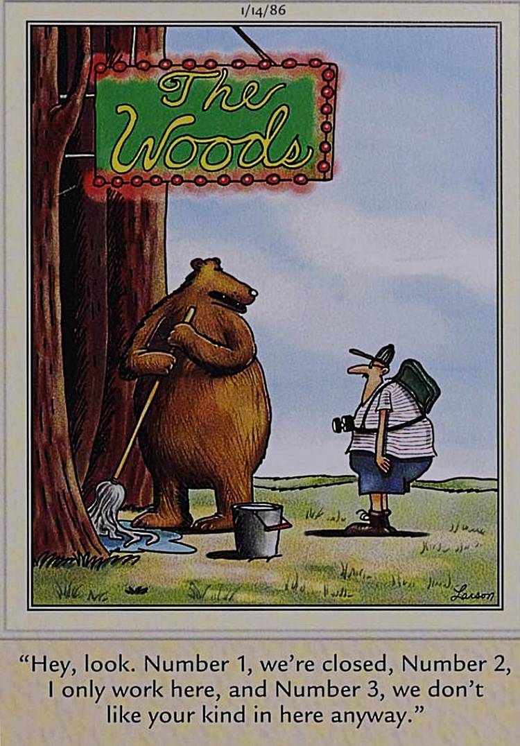 Far Side, human is discouraged from going in a bear bar