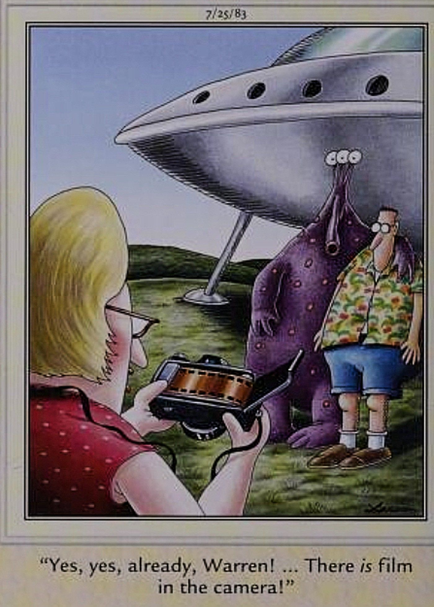 Far Side, human taking pictures with alien
