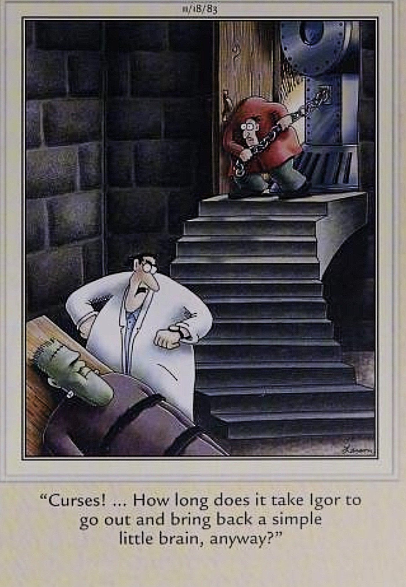 Far Side, Igor traz de volta um trem em vez de um cérebro