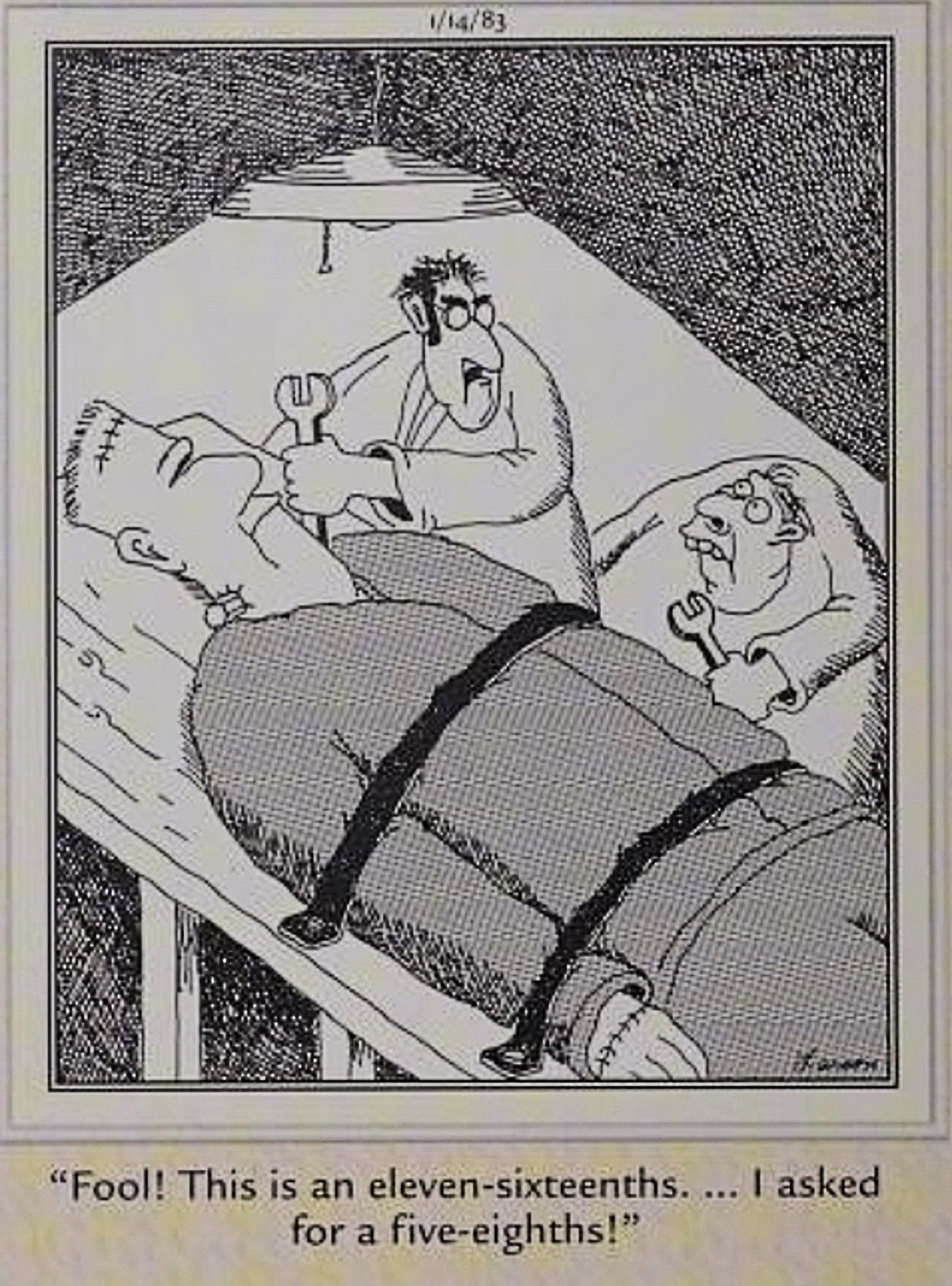 Far Side, Igor trouxe ao Dr. Frankenstein uma ferramenta de tamanho errado