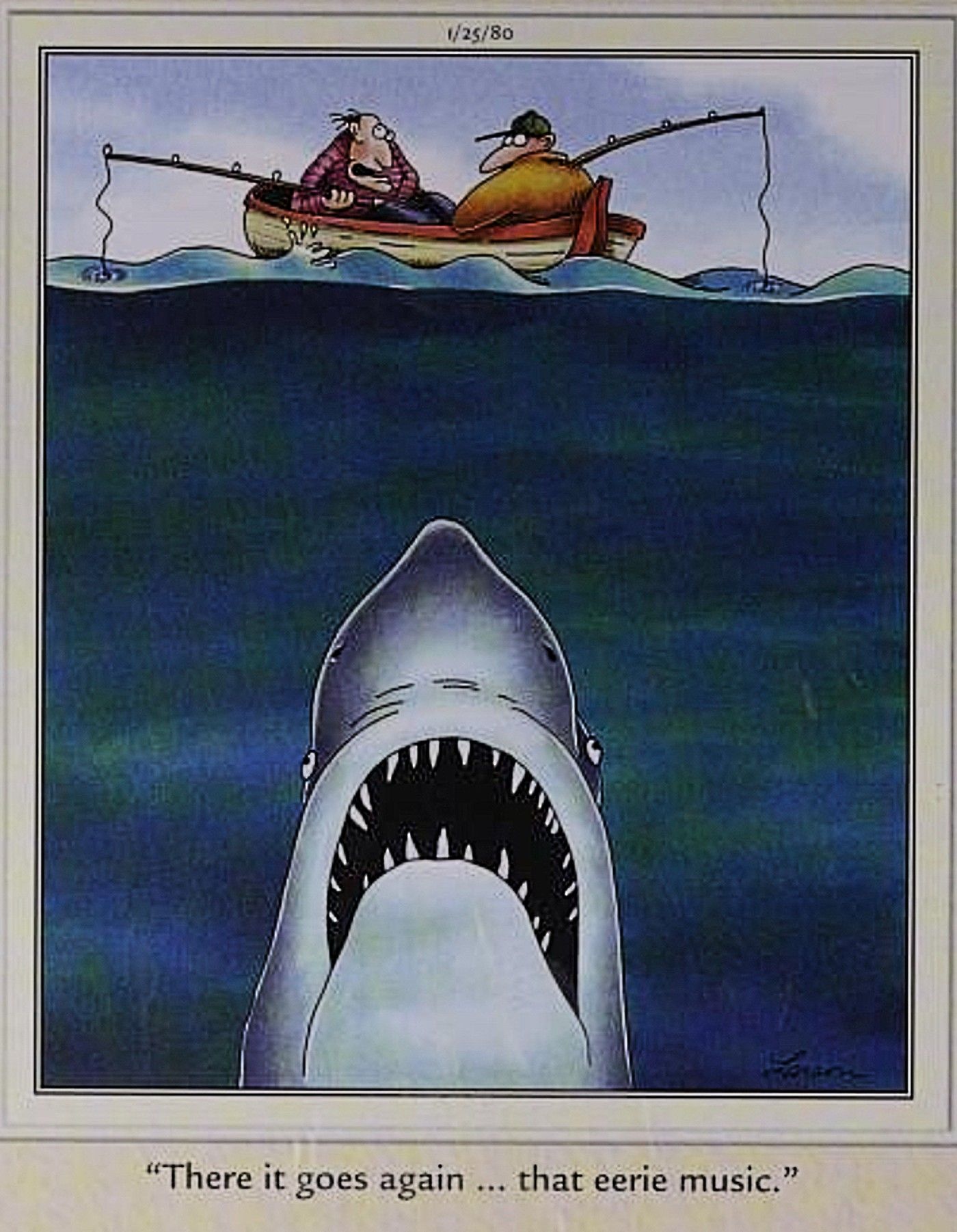Far Side, Jaws poster homage (shark pointing toward unsuspecting fishermen on surface)
