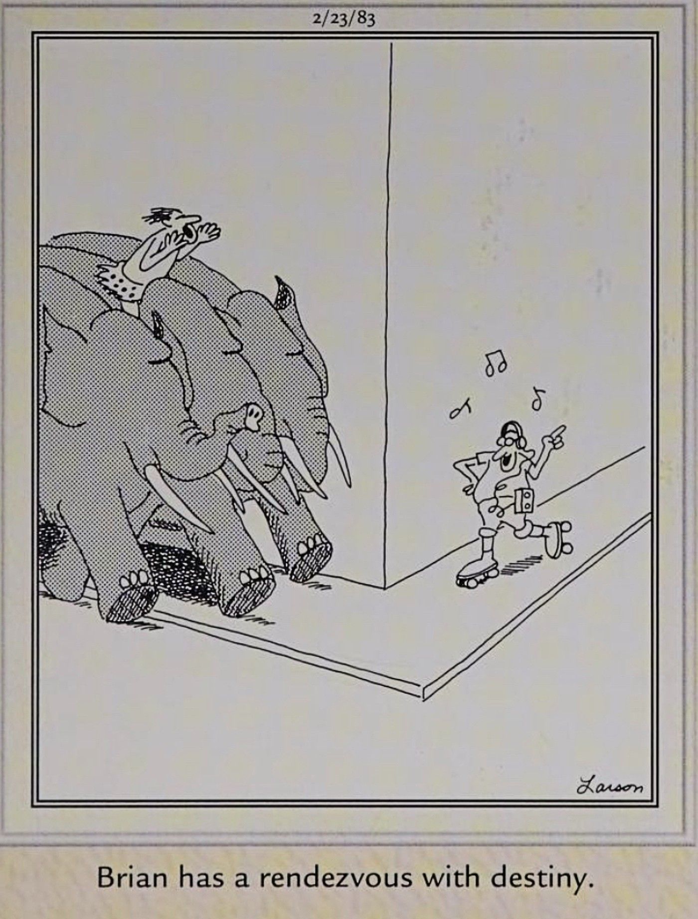 Far Side, man on roller skates about to intersect with an elephant stampede
