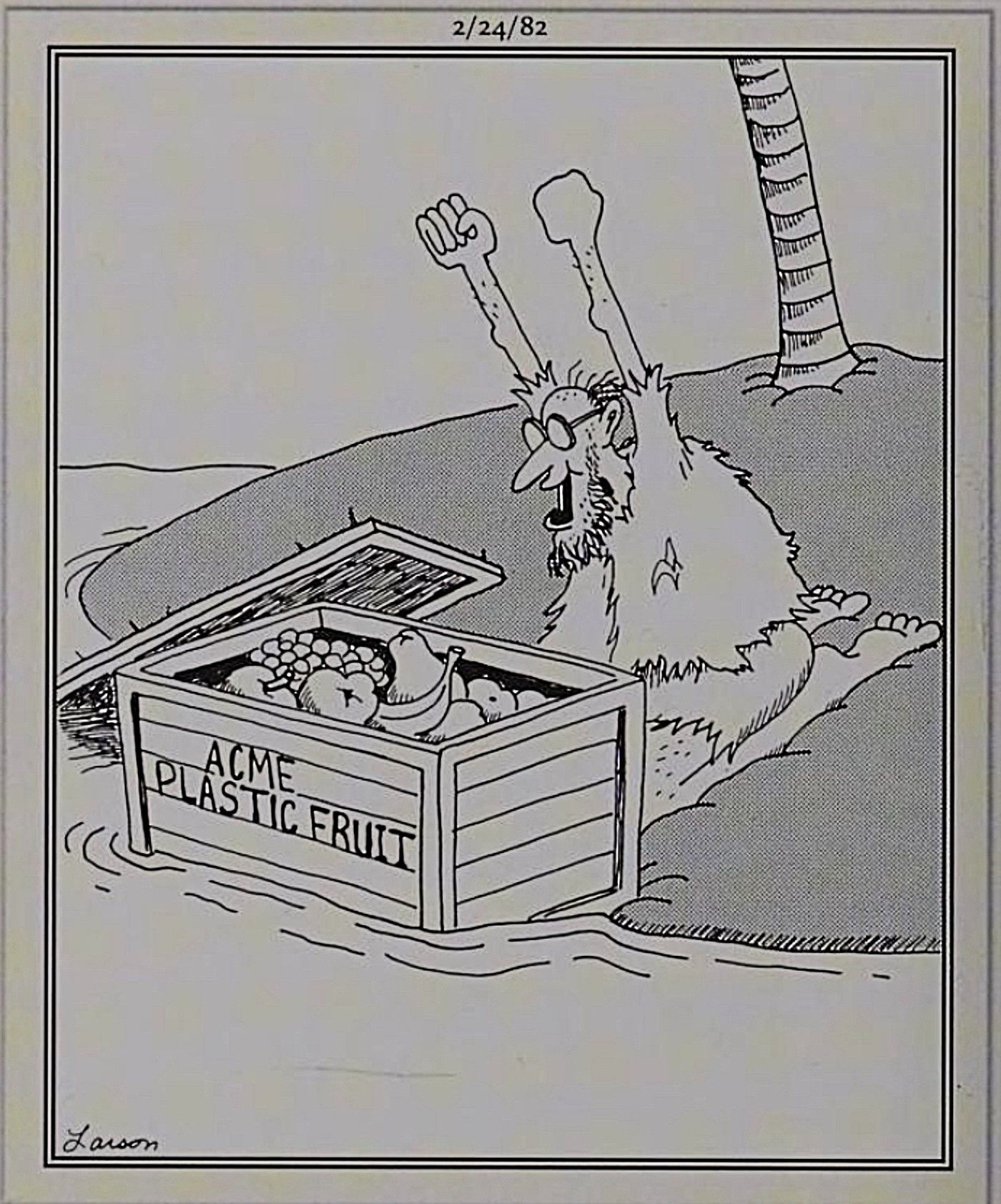 Far Side, man stranded on island is tricked by Acme plastic fruit