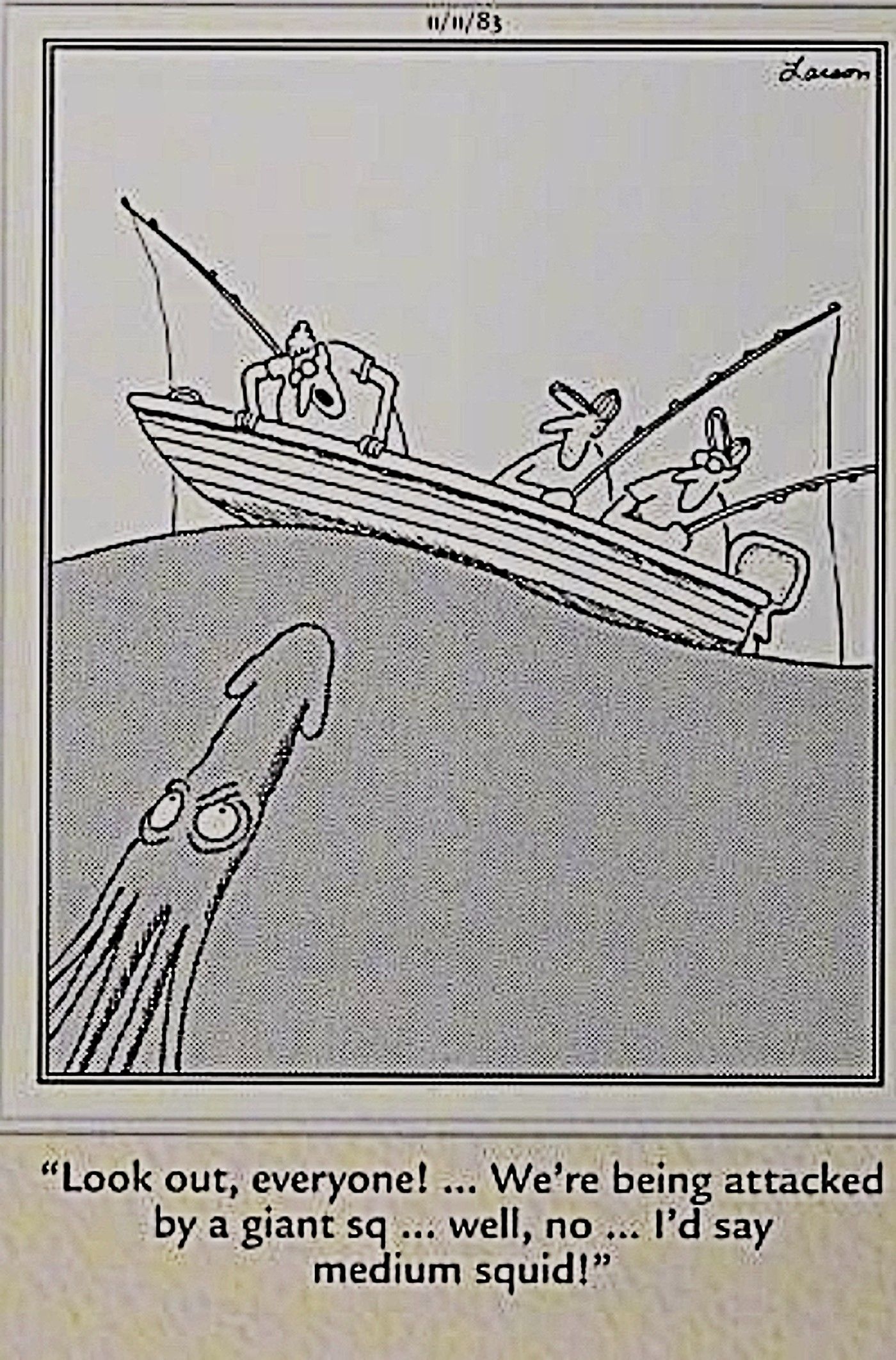 Far Side, medium sized squid approaching fishing boat