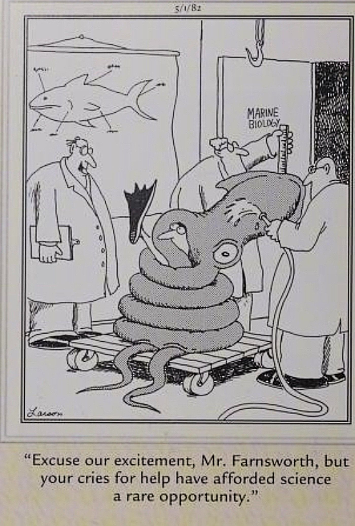Far Side, Mr. Farnsworth is rescued from the sea while still in the grip of a giant squid