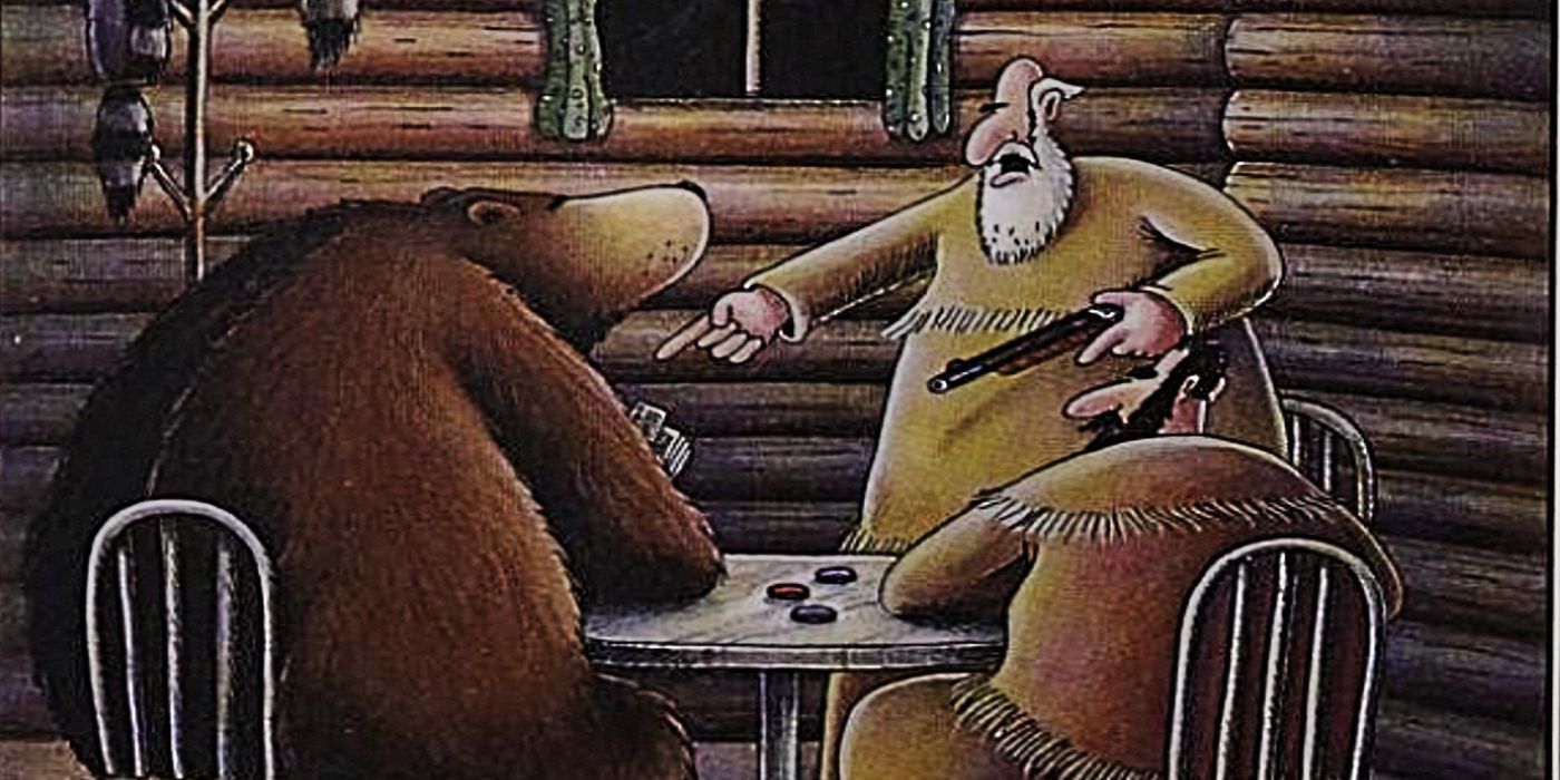 Far Side, man accuses bear of cheating at cards
