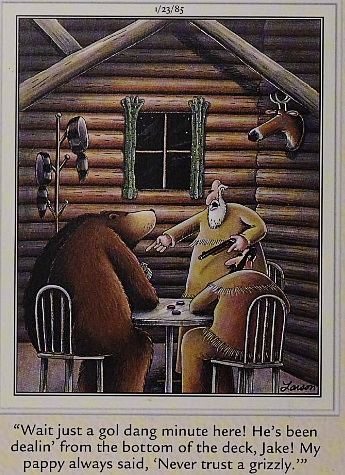 Far Side, man playing cards with a bear declares: 