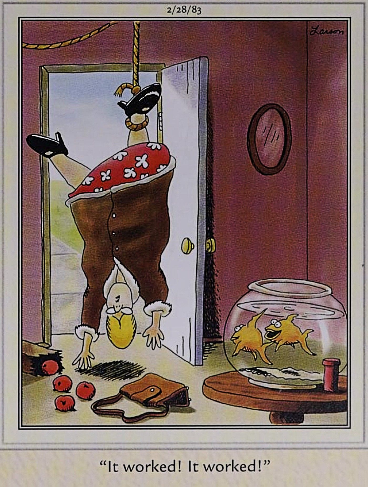 Far Side, pet gold fish snare their owner in a booby trap