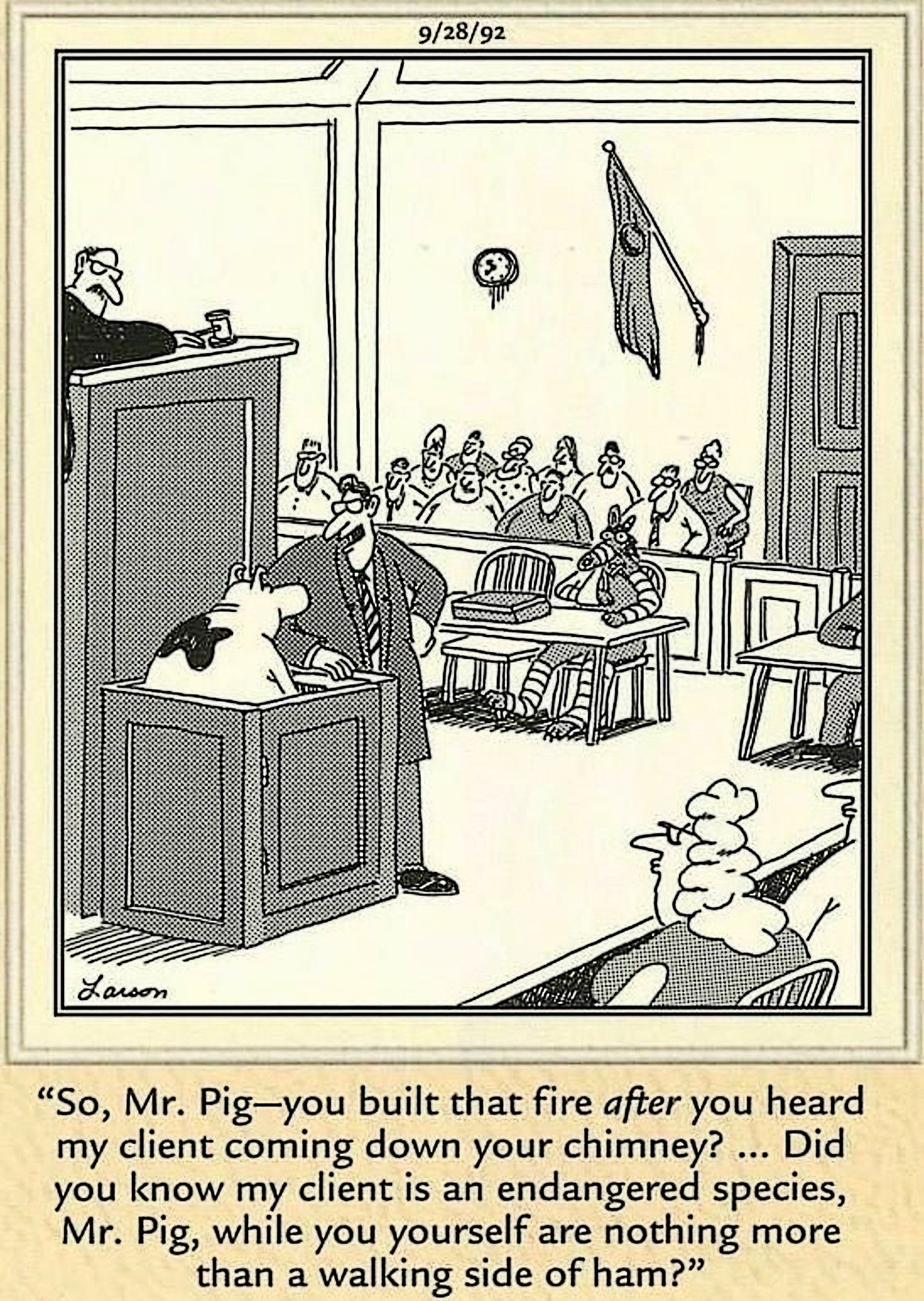 Far Side pig on trial for setting fire to wolf despite knowing he is an endangered species